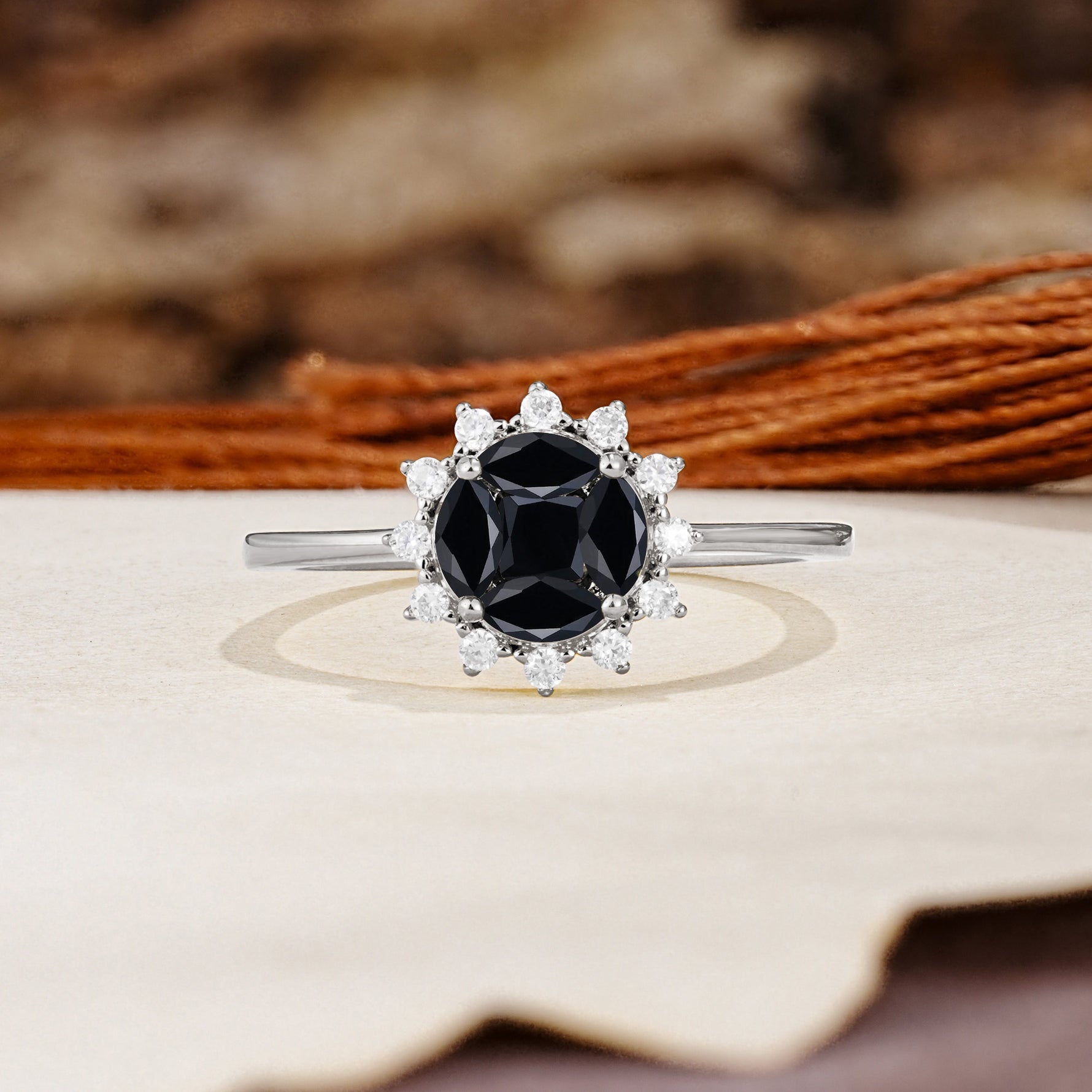 Nature-Inspired Multi-Stone Flower Design with Princess Cut Black Onyx Wedding Ring - Additional view