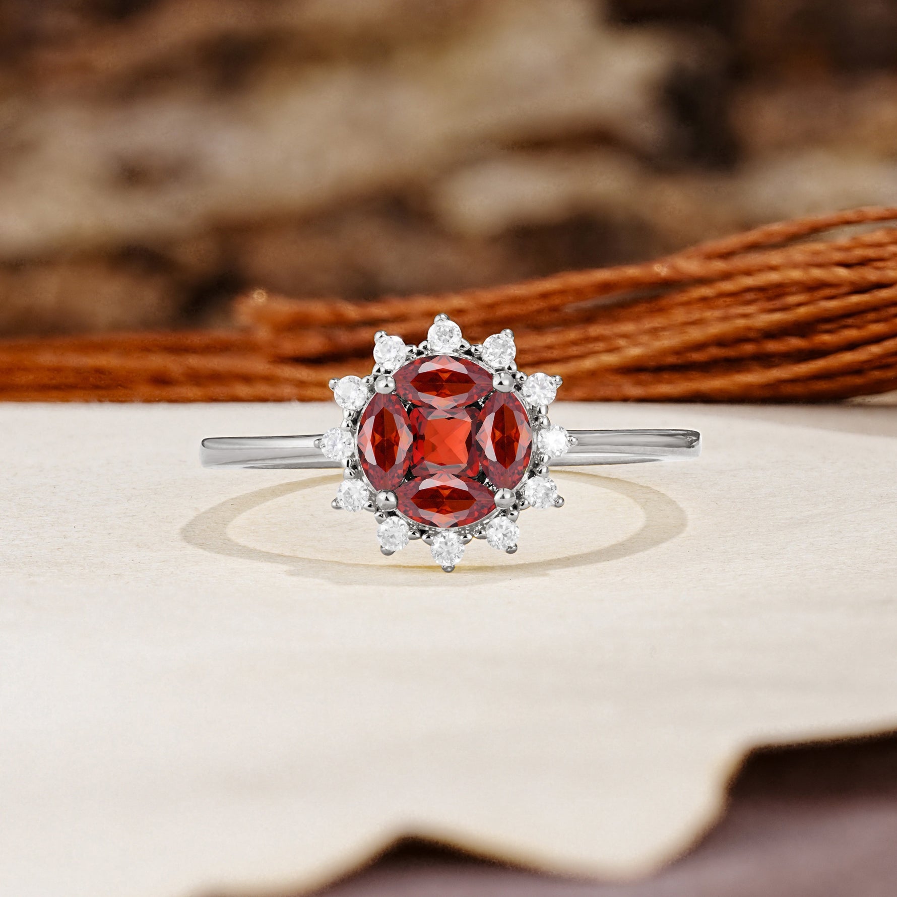 Nature-Inspired Multi-Stone Flower Design with Princess Cut Garnet Wedding Ring - Additional view
