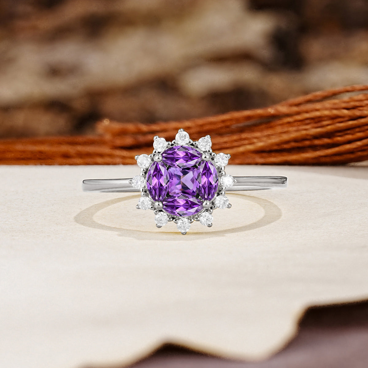 Nature-Inspired Multi-Stone Flower Design with Princess Cut Amethyst Wedding Ring - Additional view