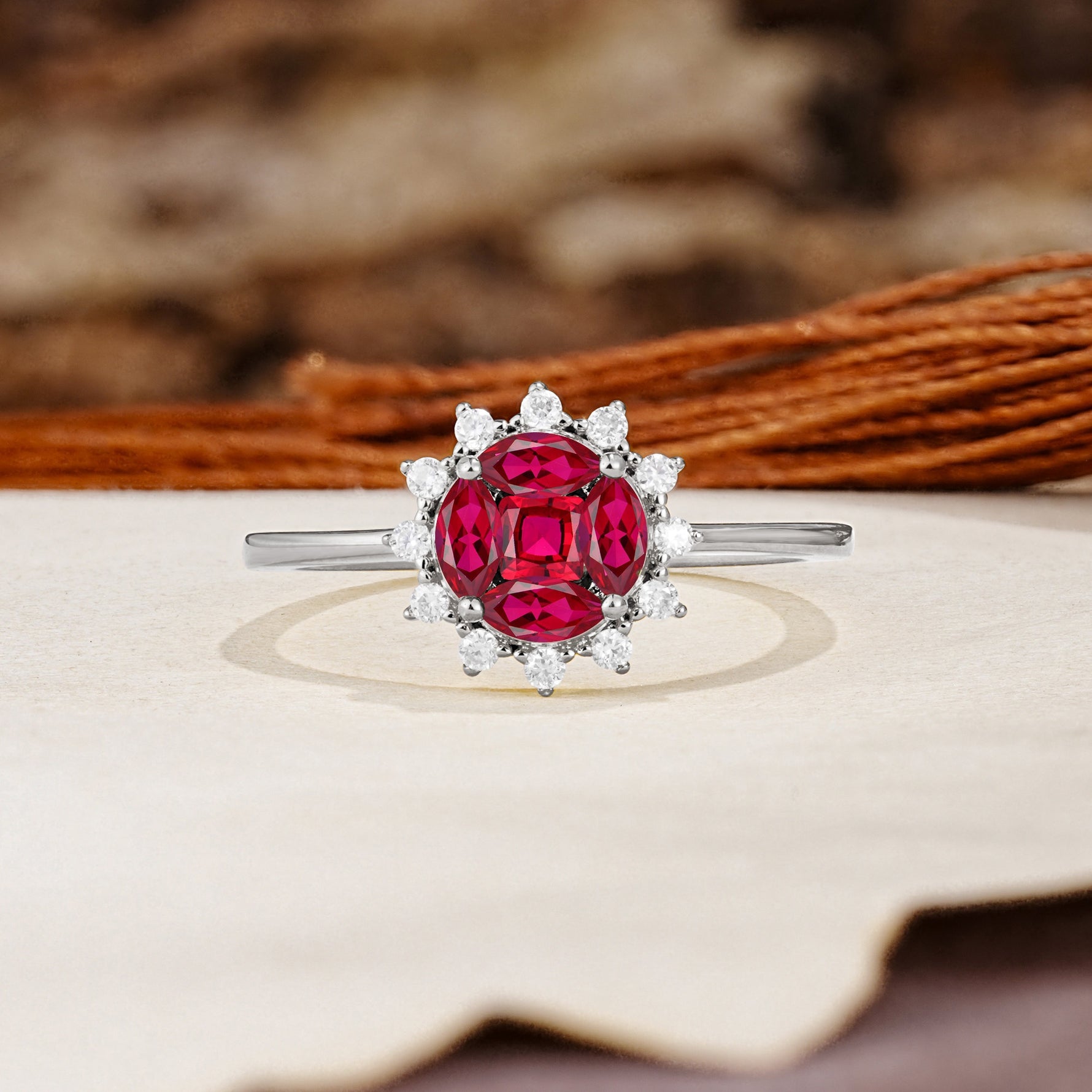 Nature-Inspired Multi-Stone Flower Design with Princess Cut Ruby Wedding Ring - Additional view