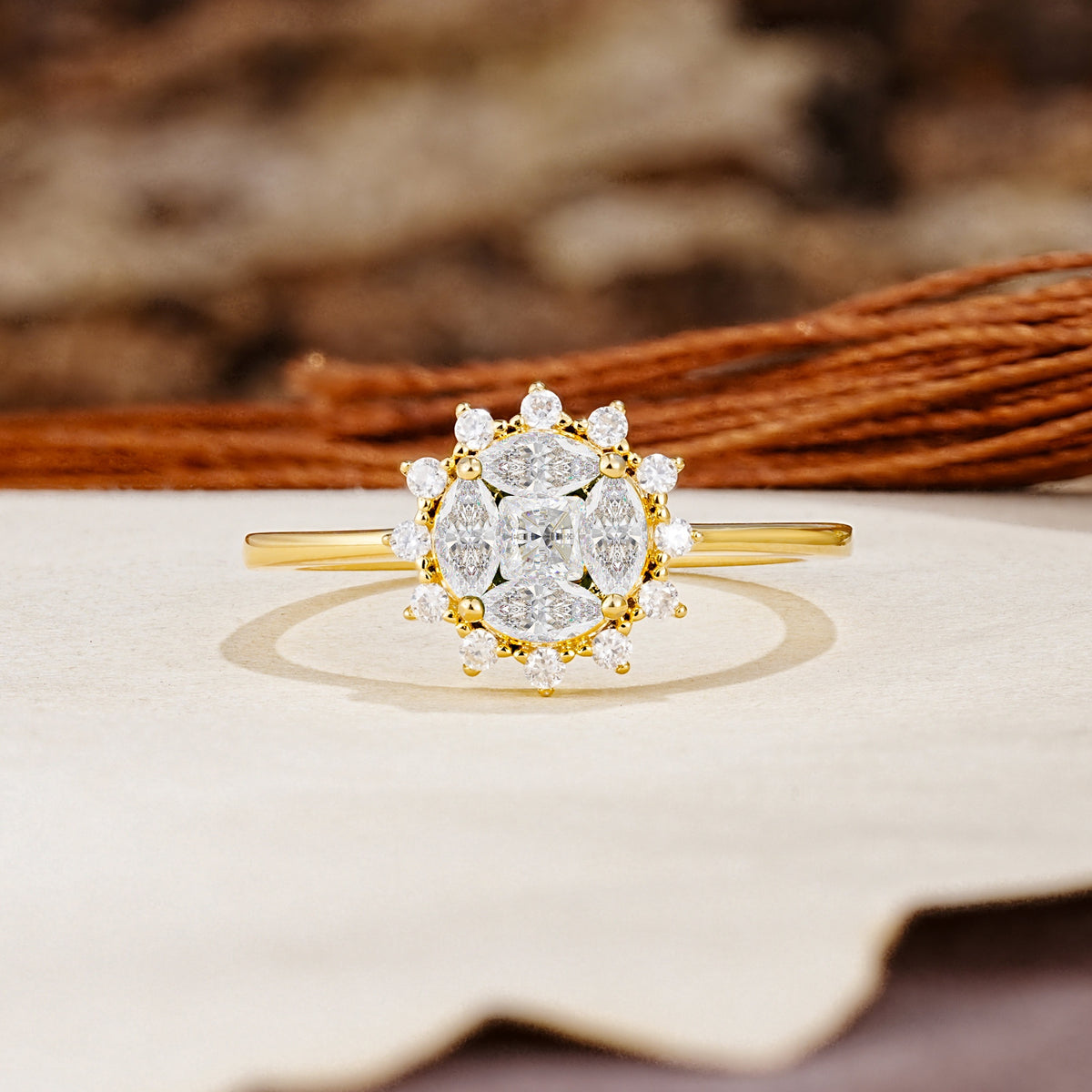 Nature-Inspired Multi-Stone Flower Design with Princess Cut Moissanite Wedding Ring - Additional view