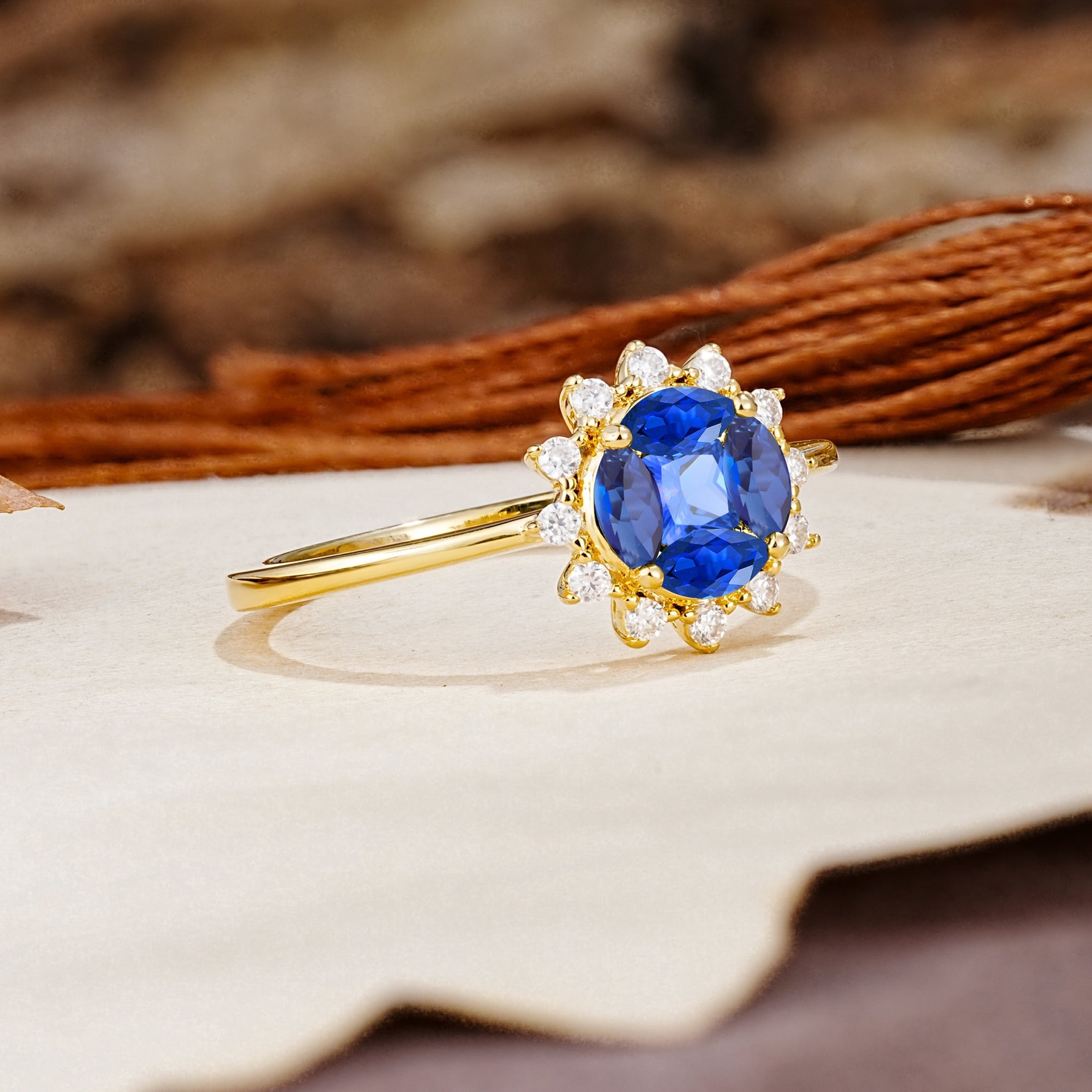 Nature-Inspired Multi-Stone Flower Design with Princess Cut Sapphire Wedding Ring - Additional view