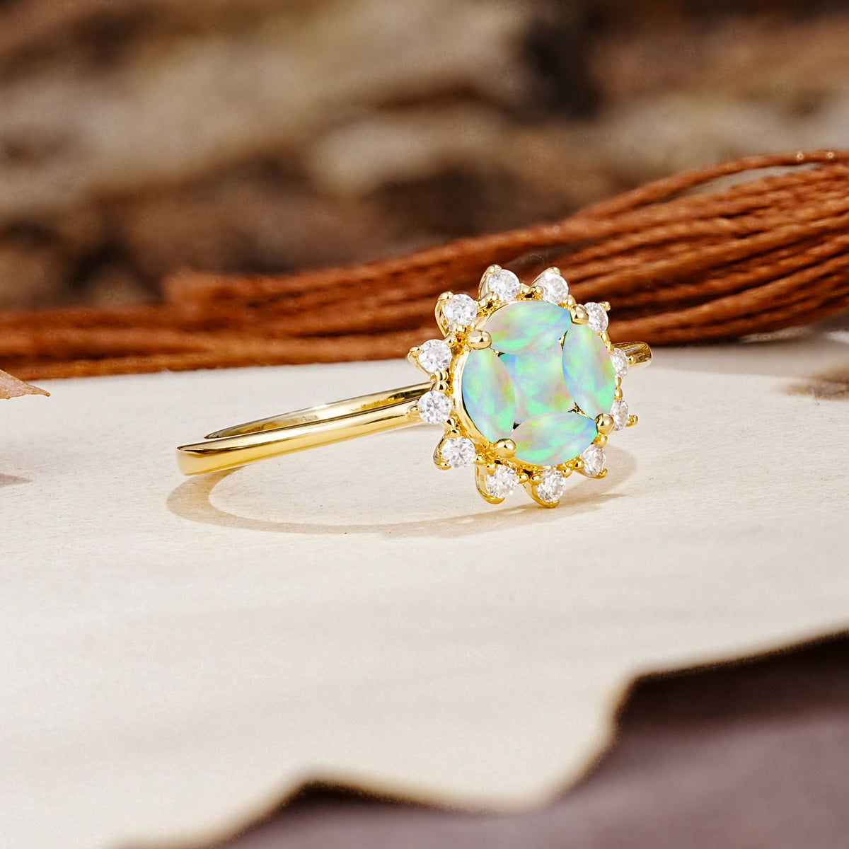 Nature-Inspired Multi-Stone Flower Design with Princess Cut Fire Opal Wedding Ring - Additional view