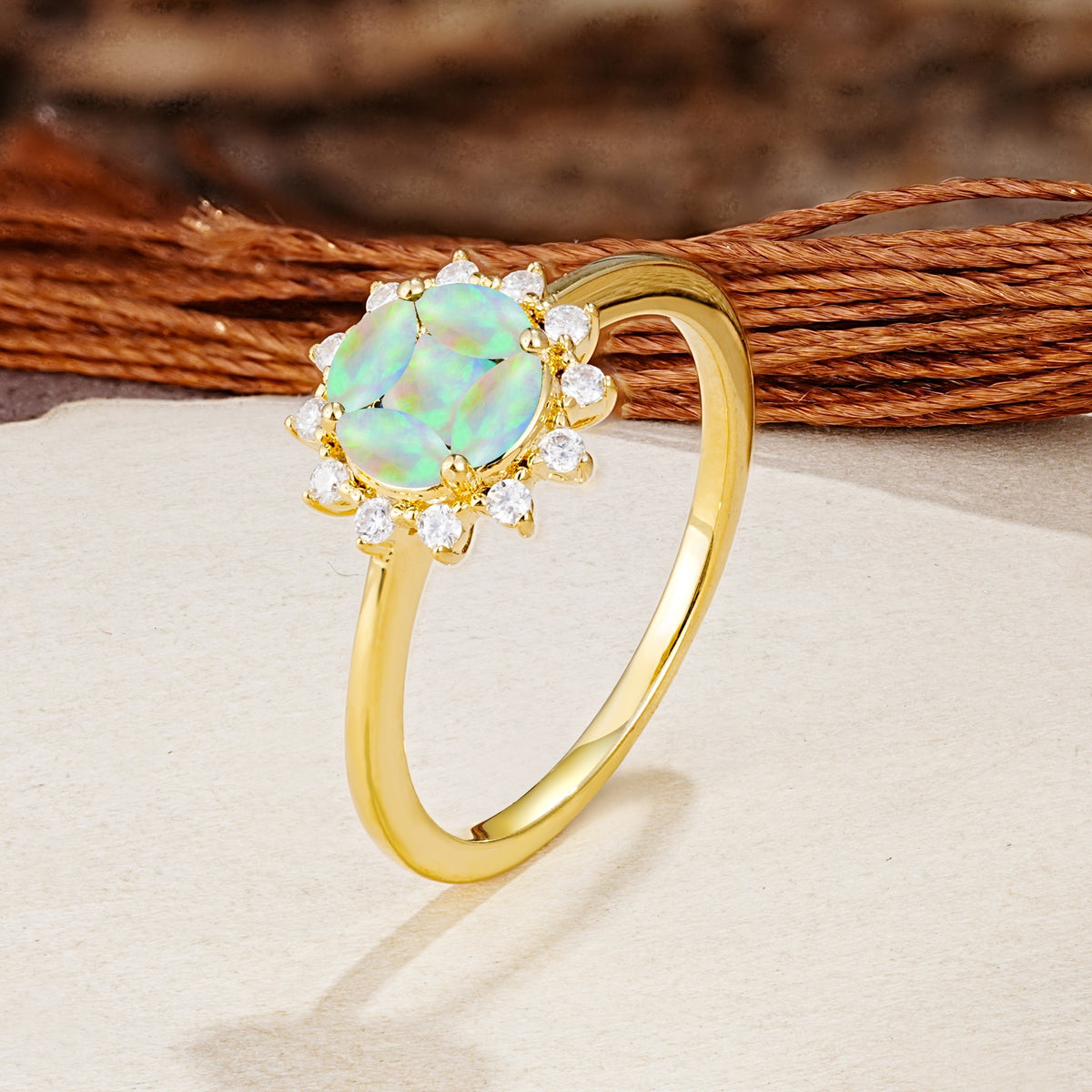 Nature-Inspired Multi-Stone Flower Design with Princess Cut Fire Opal Wedding Ring - Additional view