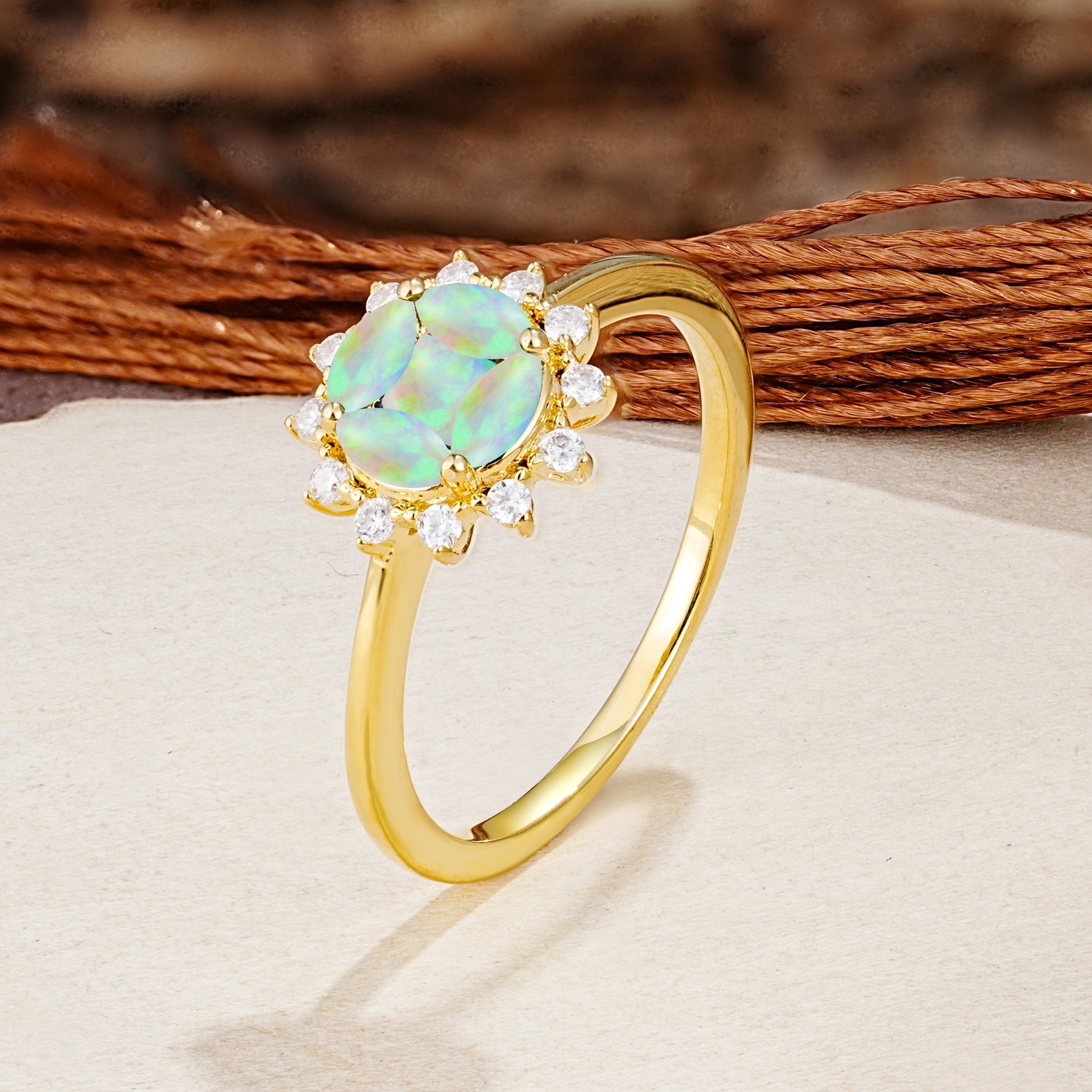 Nature-Inspired Multi-Stone Flower Design with Princess Cut Fire Opal Wedding Ring - Additional view