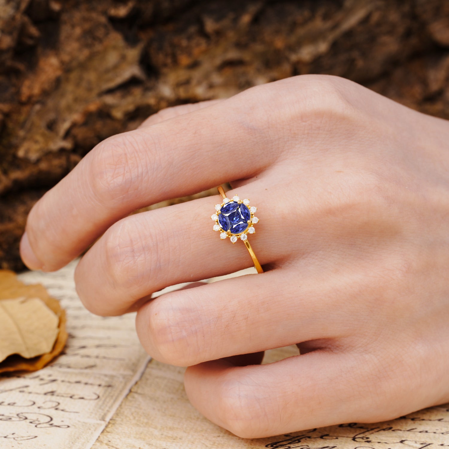 Nature-Inspired Multi-Stone Flower Design with Princess Cut Tanzanite Wedding Ring