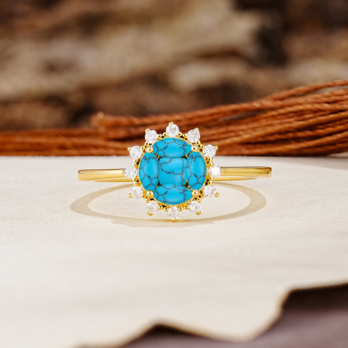 Nature-Inspired Multi-Stone Flower Design with Princess Cut Turquoise Wedding Ring