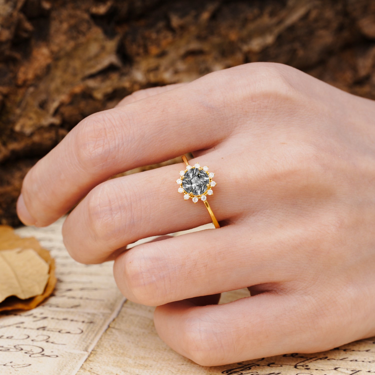 Nature-Inspired Multi-Stone Flower Design with Princess Cut Black Rutilated Quartz Wedding Ring