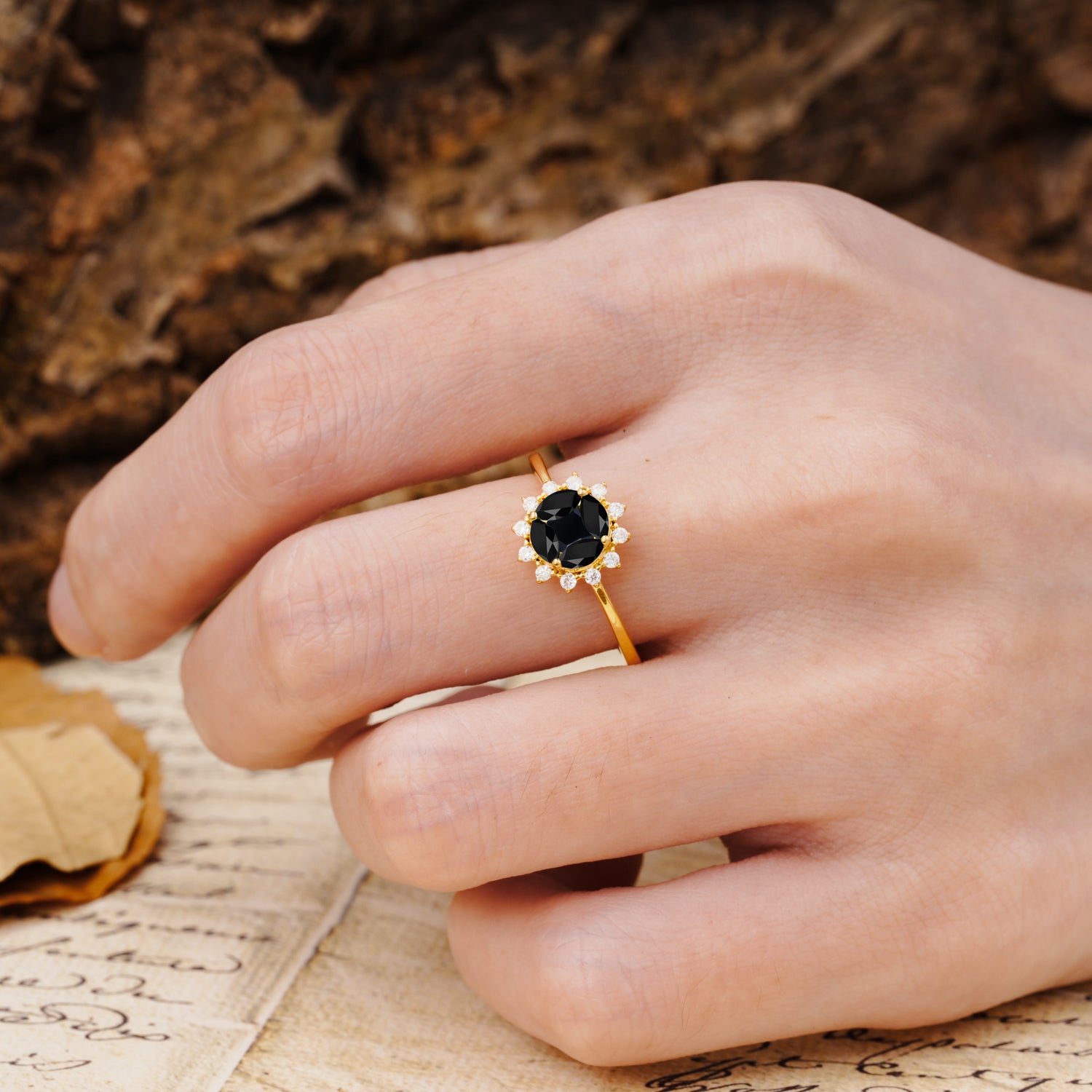 Nature-Inspired Multi-Stone Flower Design with Princess Cut Black Onyx Wedding Ring