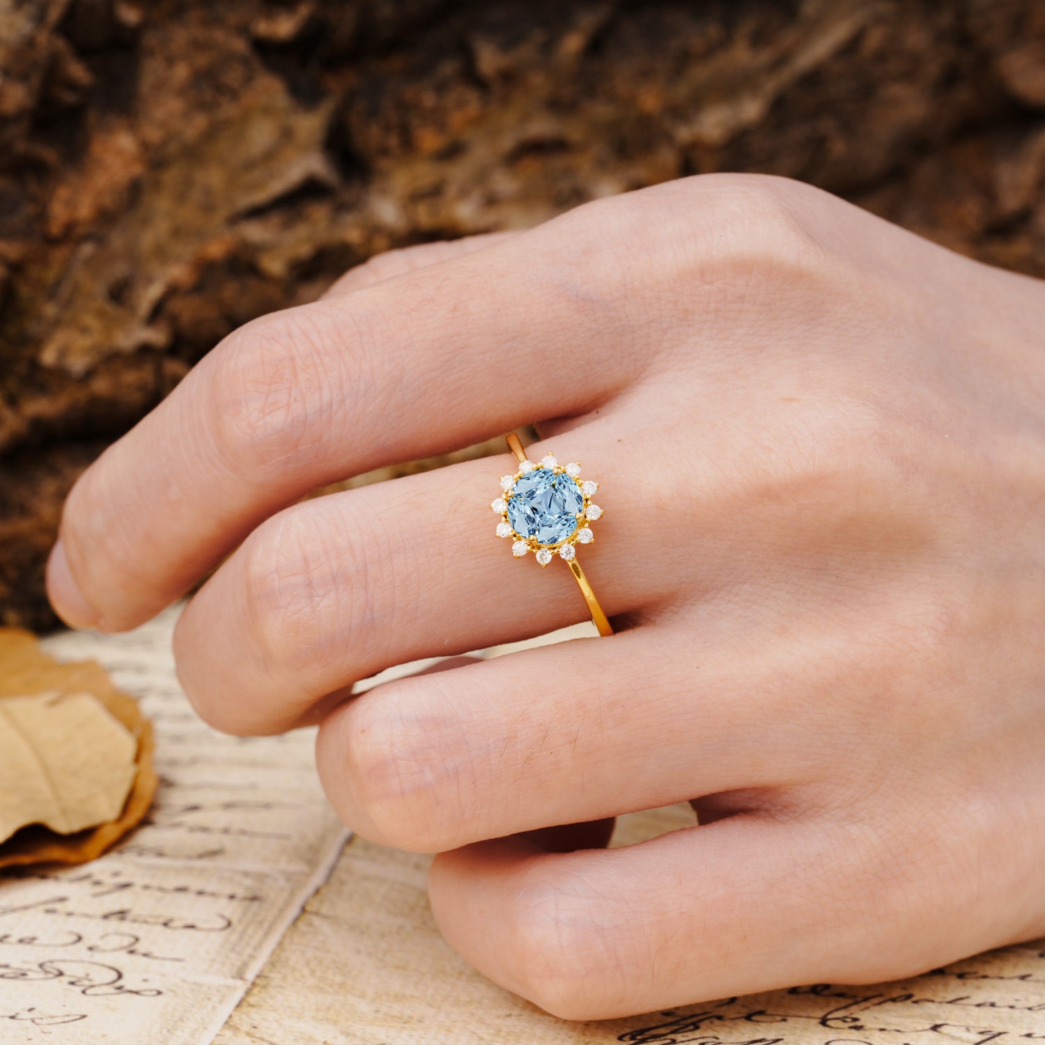 Nature-Inspired Multi-Stone Flower Design with Princess Cut Aquamarine Wedding Ring