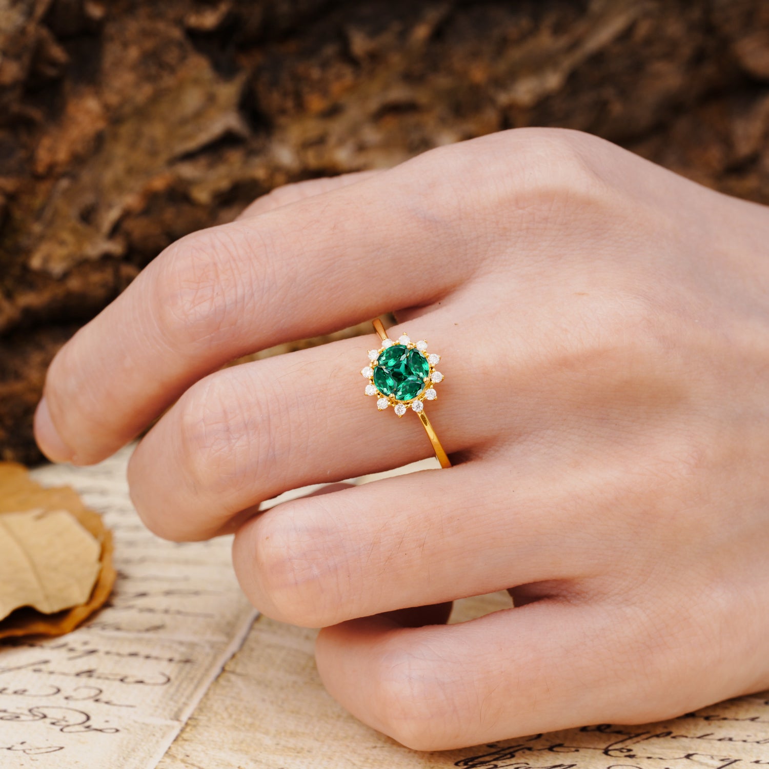 Nature-Inspired Multi-Stone Flower Design with Princess Cut Emerald Wedding Ring