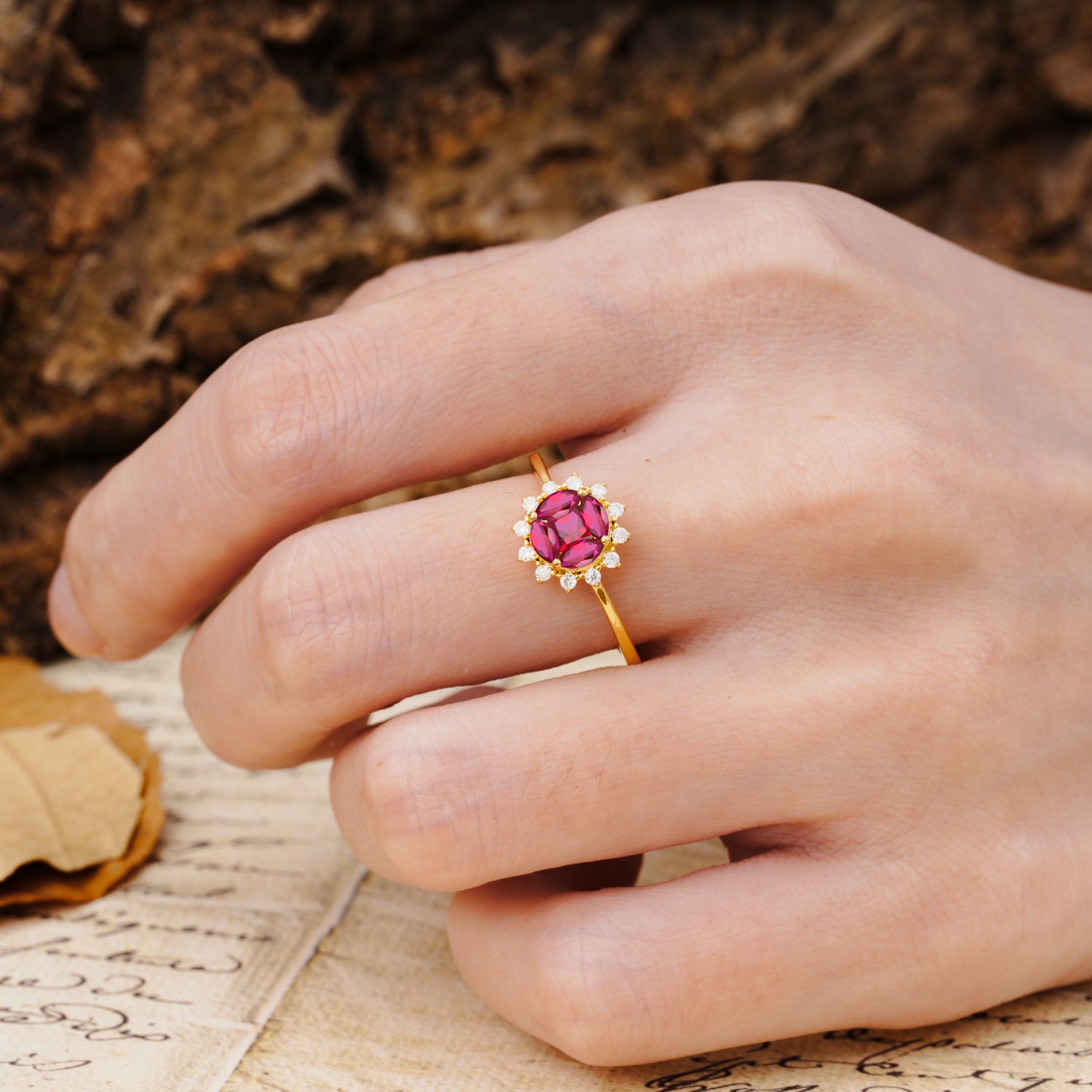 Nature-Inspired Multi-Stone Flower Design with Princess Cut Ruby Wedding Ring