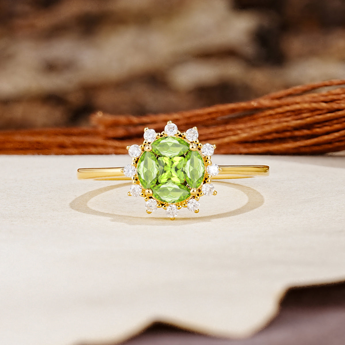 Nature-Inspired Multi-Stone Flower Design with Princess Cut Peridot Wedding Ring