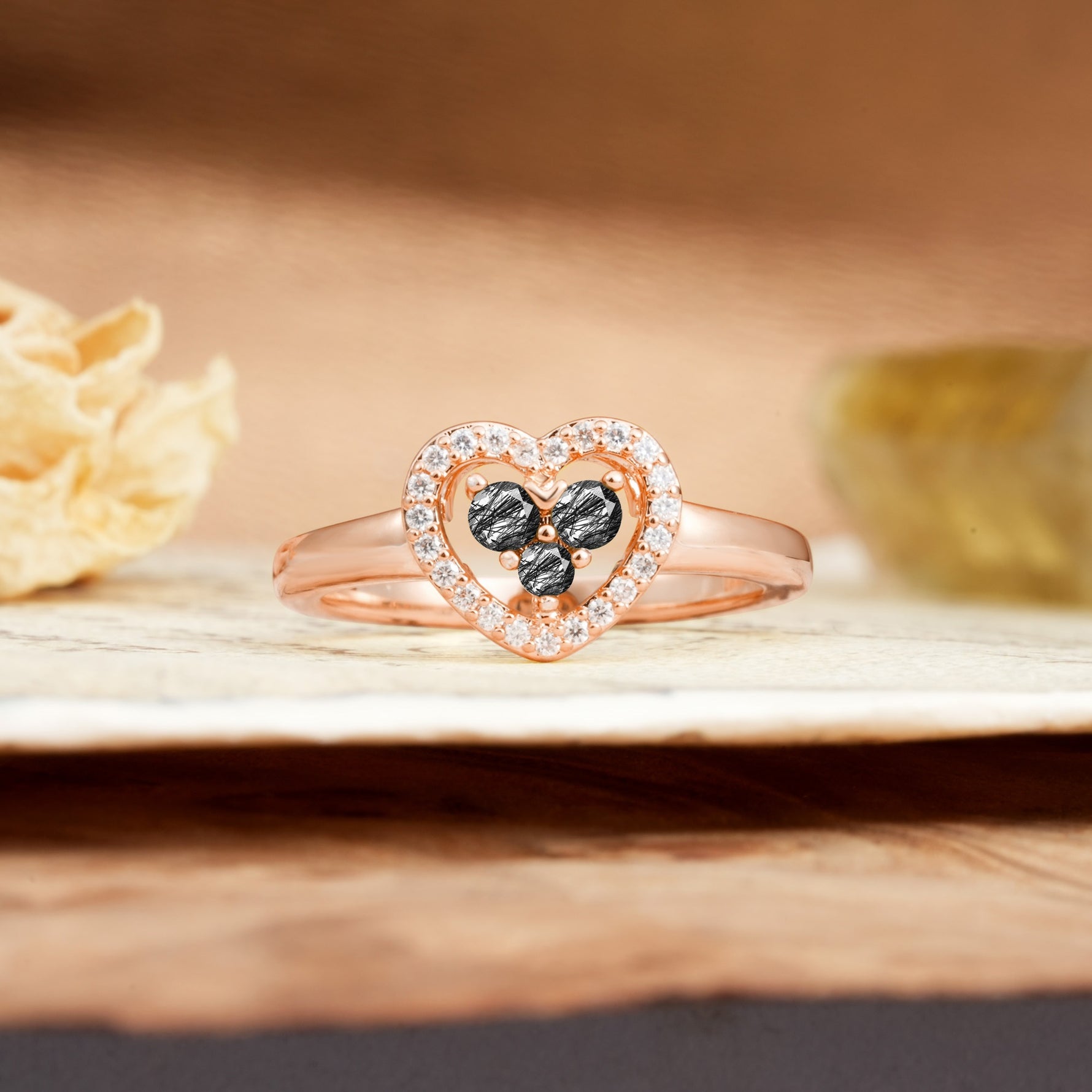 Unique Heart-Shaped 3-Prong Round Cut Black Rutilated Quartz Engagement Ring - Additional view