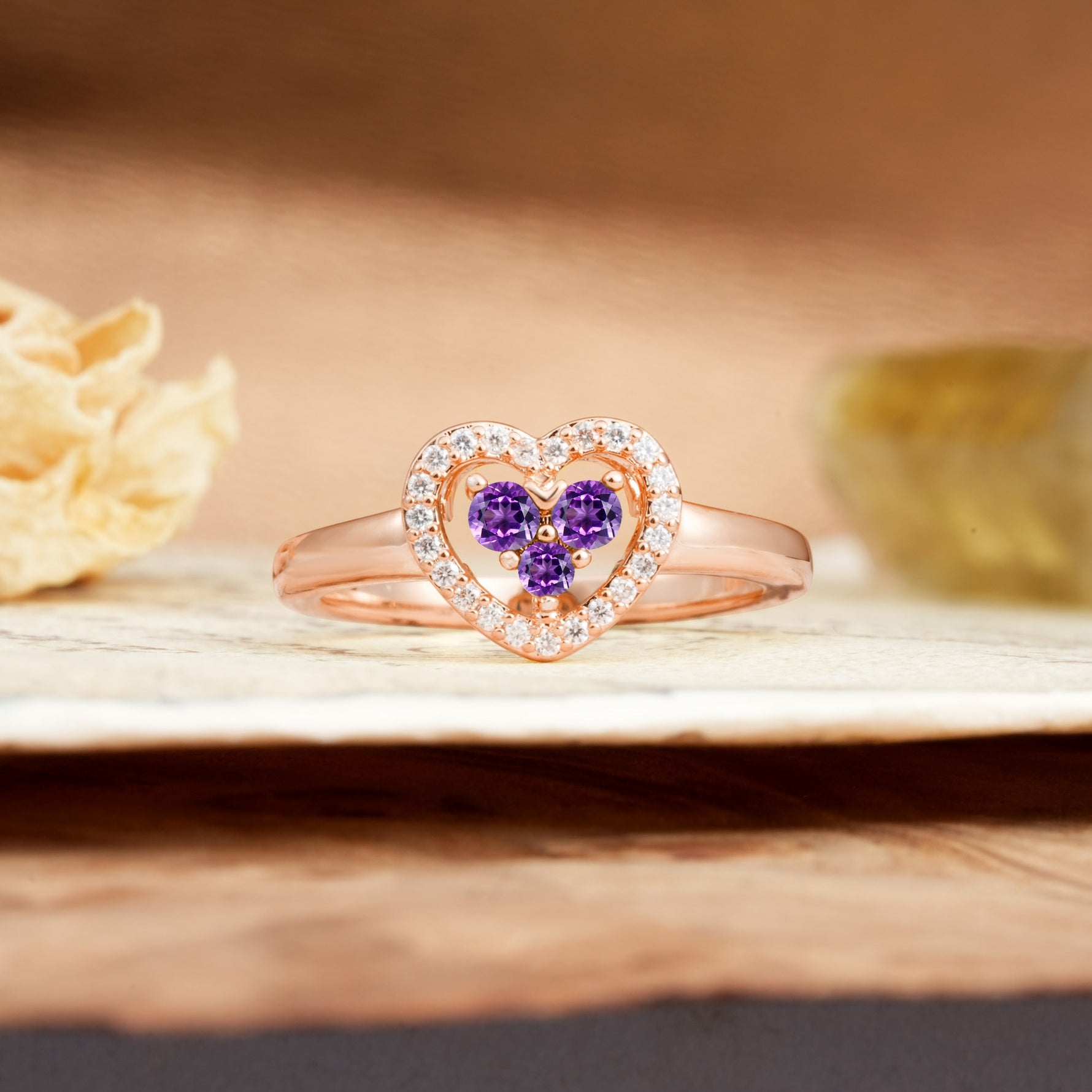 Unique Heart-Shaped 3-Prong Round Cut Amethyst Engagement Ring - Additional view