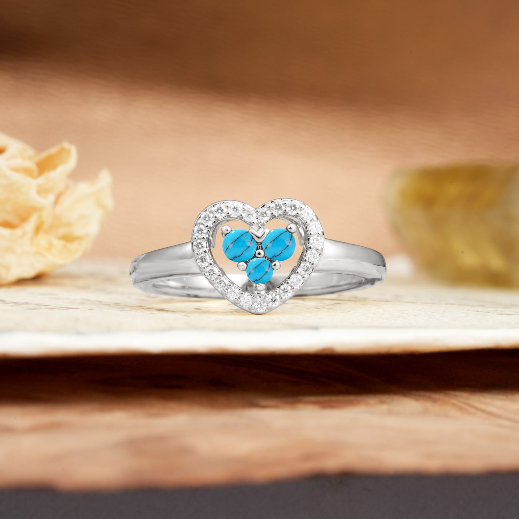 Unique Heart-Shaped 3-Prong Round Cut Turquoise Engagement Ring - Additional view