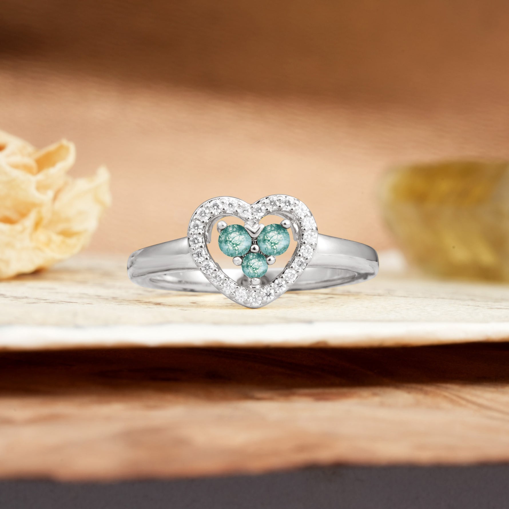 Unique Heart-Shaped 3-Prong Round Cut Moss Agate Engagement Ring - Additional view