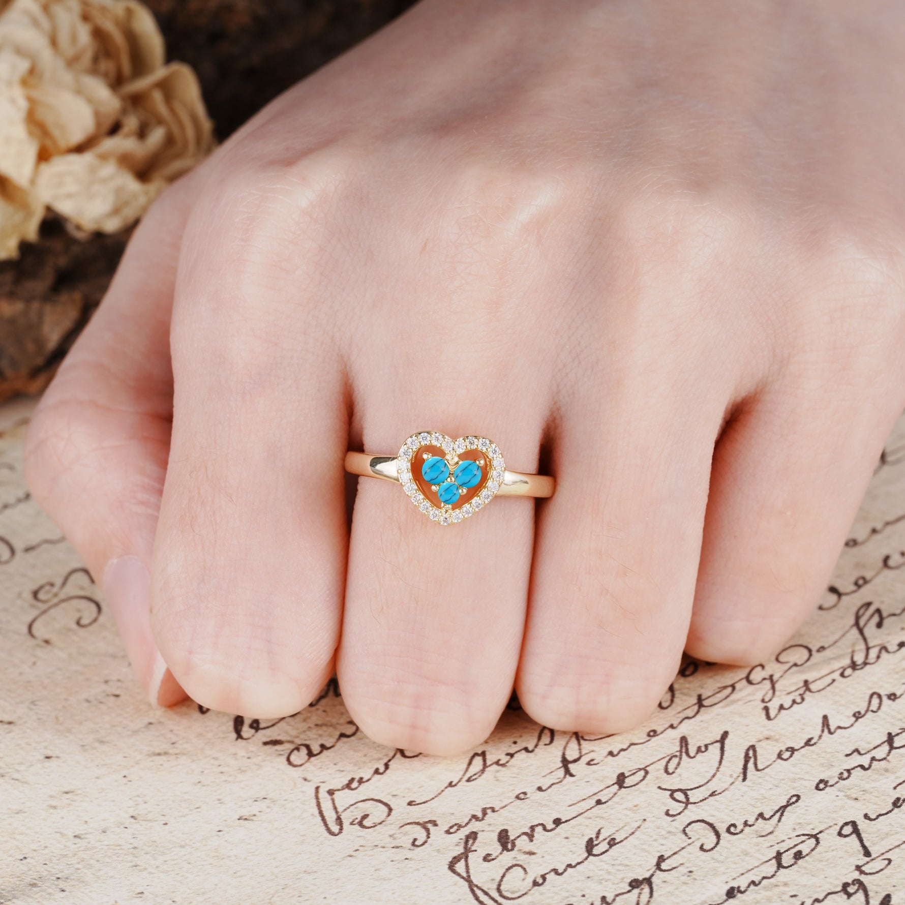 Unique Heart-Shaped 3-Prong Round Cut Turquoise Engagement Ring - Additional view
