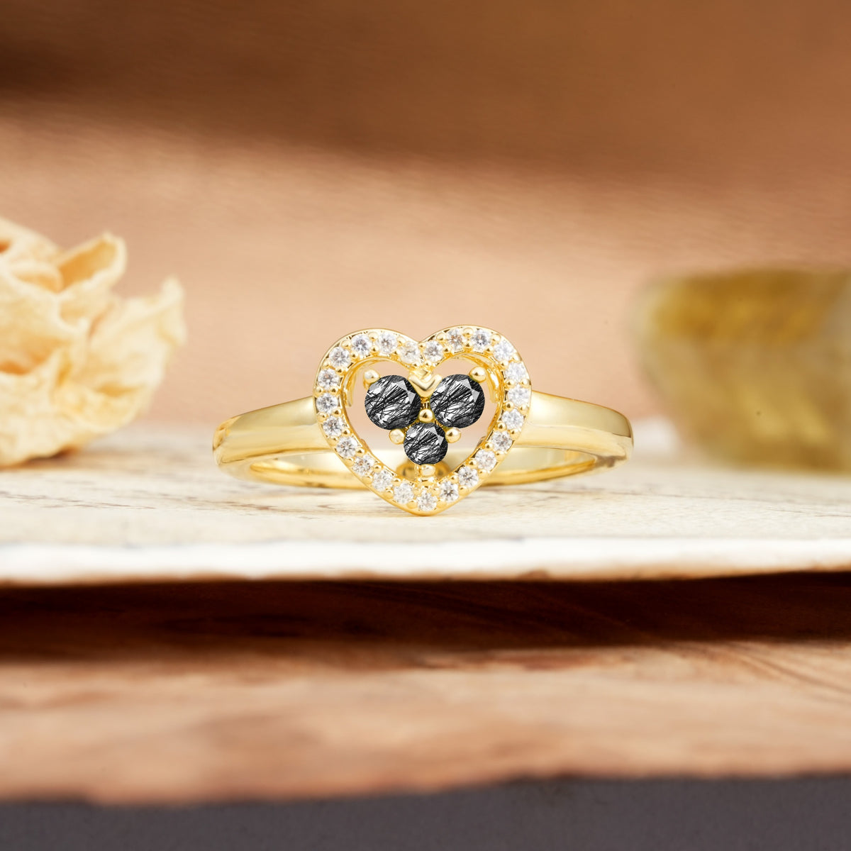 Unique Heart-Shaped 3-Prong Round Cut Black Rutilated Quartz Engagement Ring - Additional view