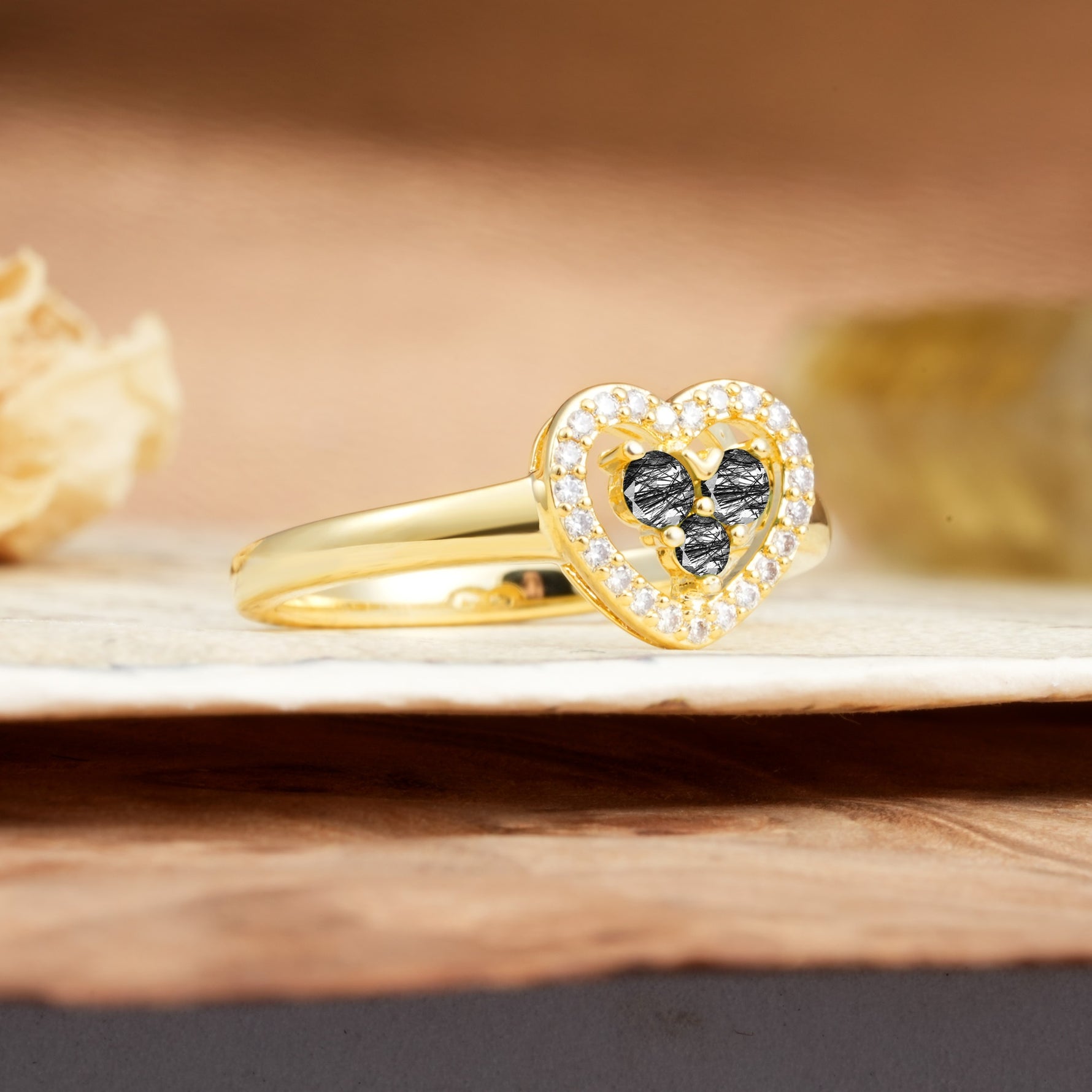 Unique Heart-Shaped 3-Prong Round Cut Black Rutilated Quartz Engagement Ring - Additional view