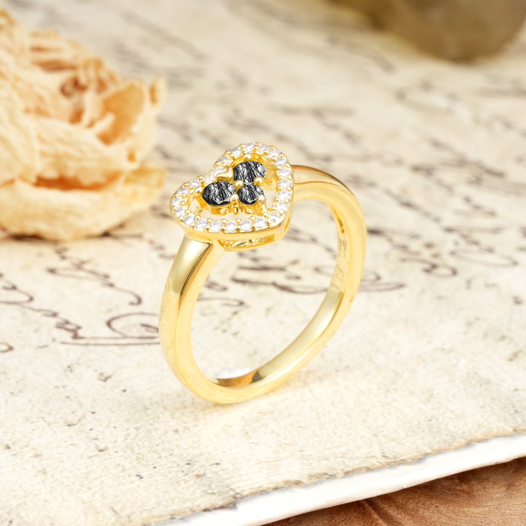 Unique Heart-Shaped 3-Prong Round Cut Black Rutilated Quartz Engagement Ring - Additional view