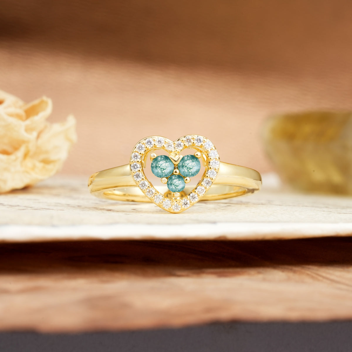 Unique Heart-Shaped 3-Prong Round Cut Moss Agate Engagement Ring - Additional view