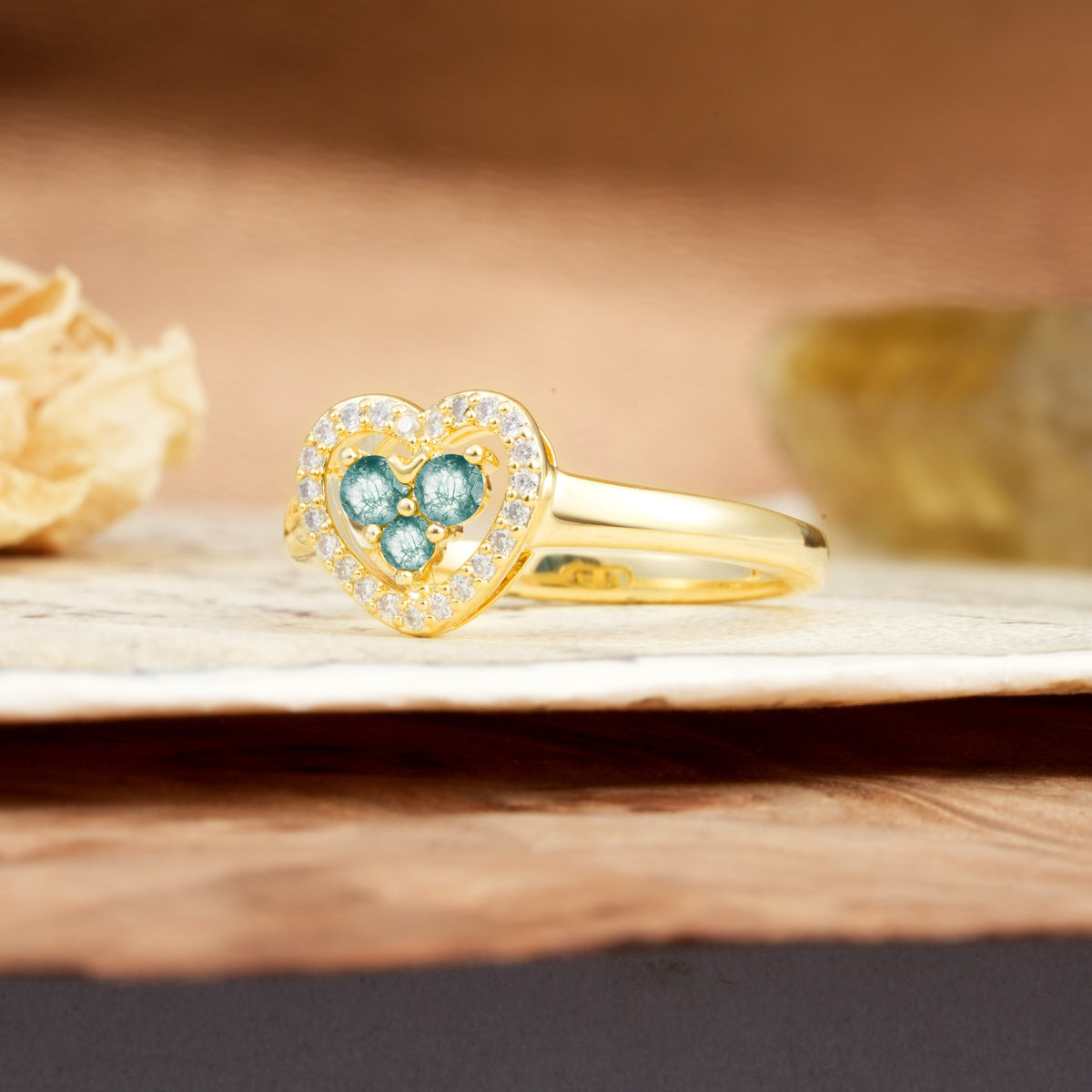 Unique Heart-Shaped 3-Prong Round Cut Moss Agate Engagement Ring - Additional view