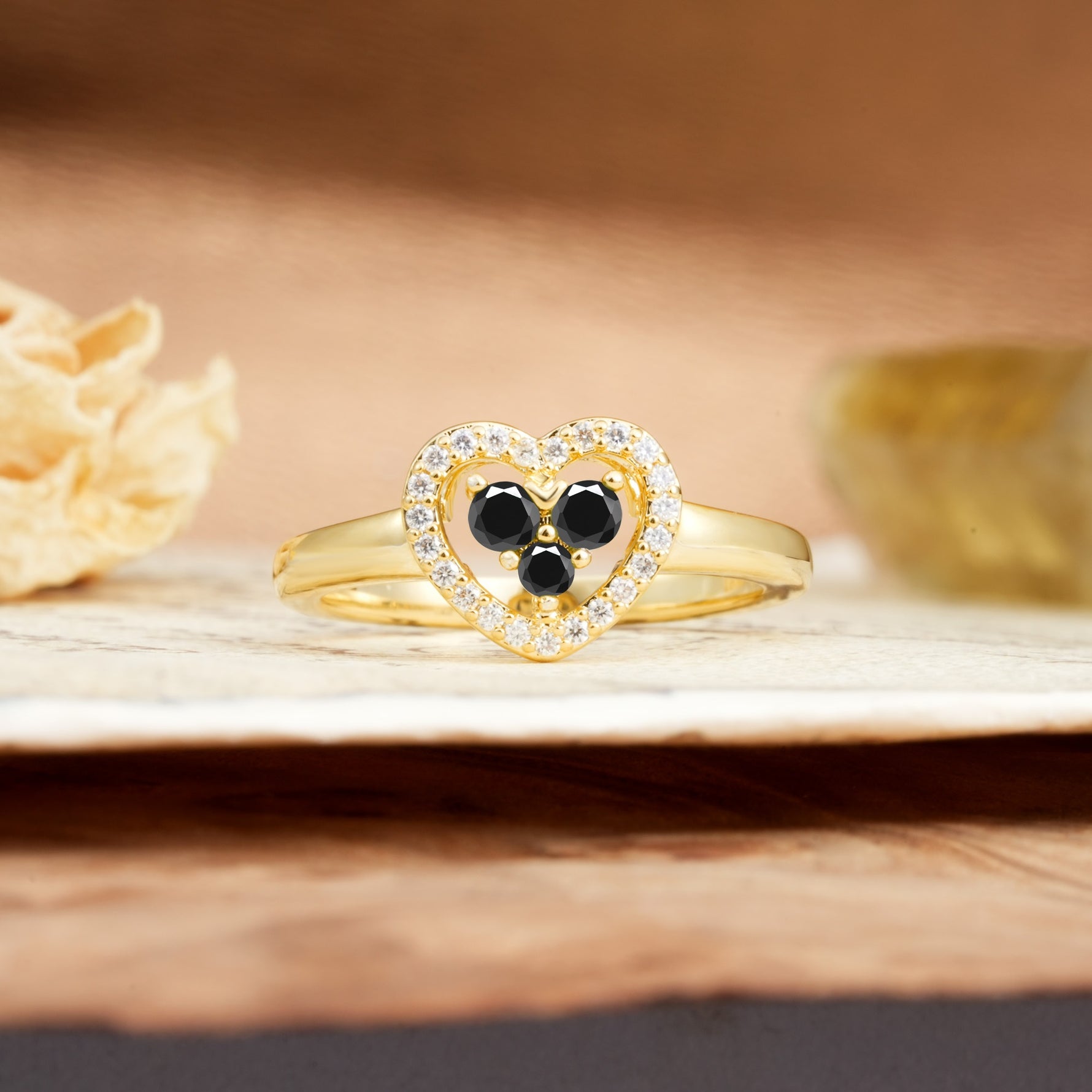 Unique Heart-Shaped 3-Prong Round Cut Black Onyx Engagement Ring - Additional view