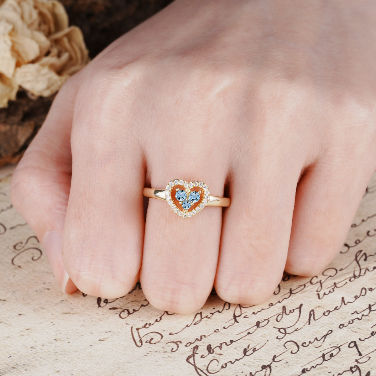 Unique Heart-Shaped 3-Prong Round Cut Aquamarine Engagement Ring - Additional view