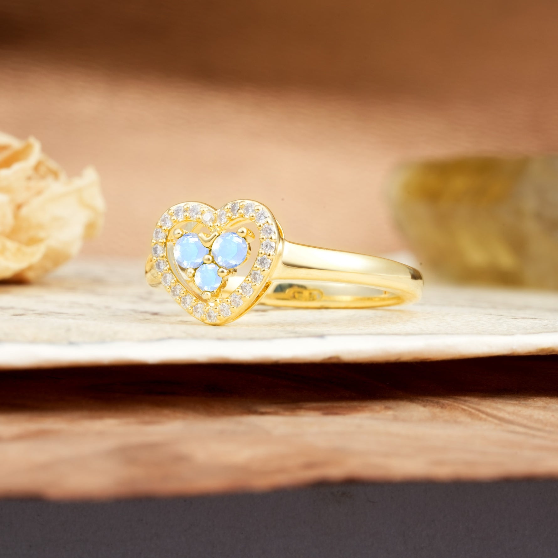 Unique Heart-Shaped 3-Prong Round Cut Moonstone Engagement Ring - Additional view