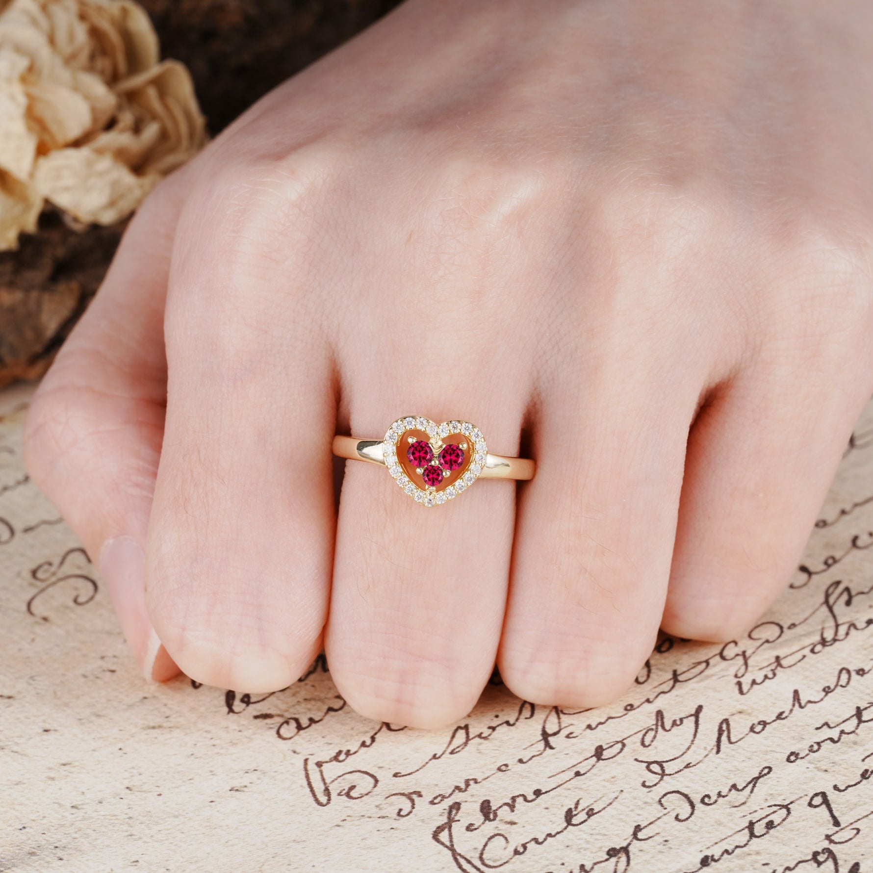 Unique Heart-Shaped 3-Prong Round Cut Ruby Engagement Ring - Additional view