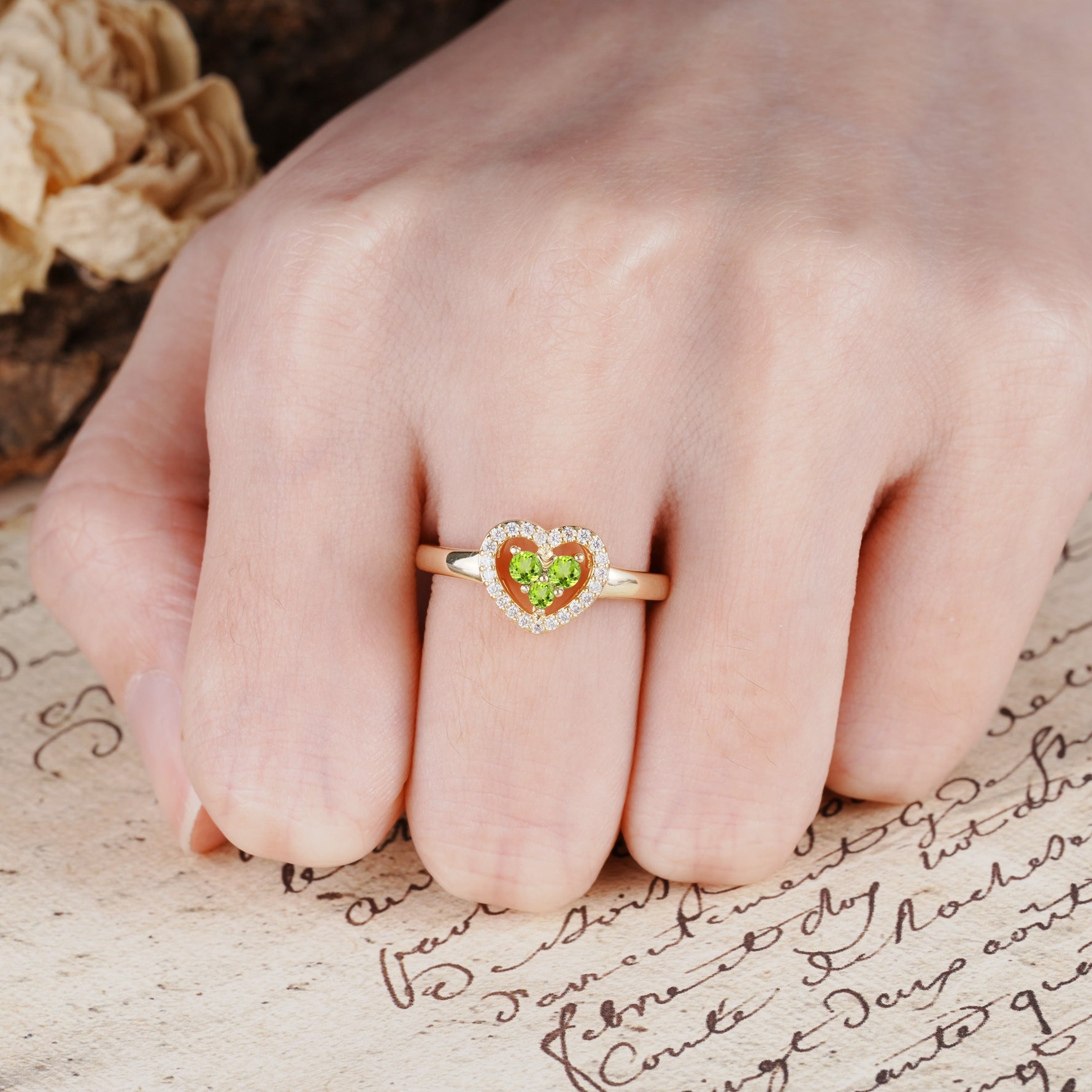 Unique Heart-Shaped 3-Prong Round Cut Peridot Engagement Ring - Additional view