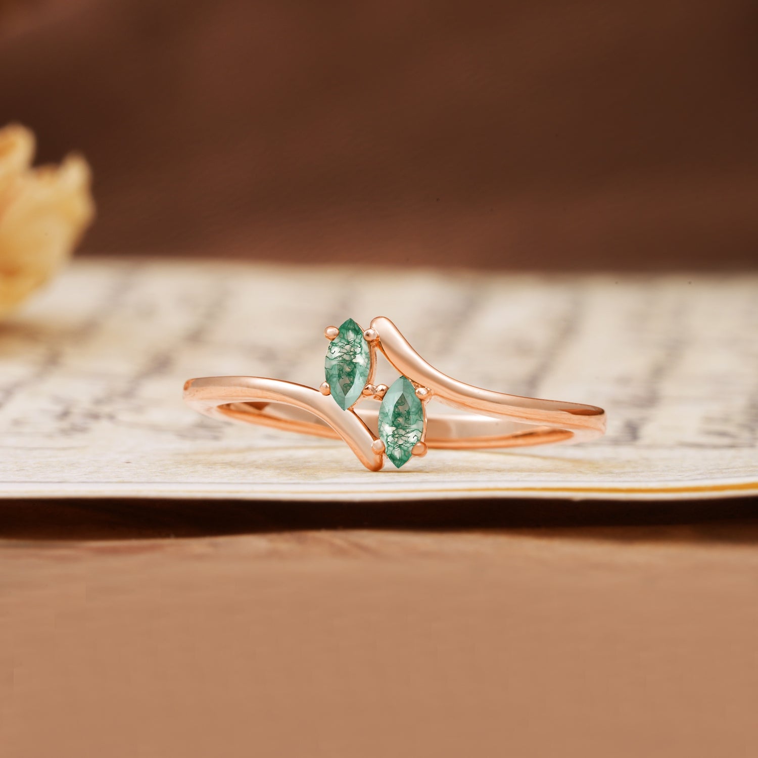 Classic Twisted 4-Prong Double Marquise Cut Moss Agate Two Stones Wedding Ring - Additional view