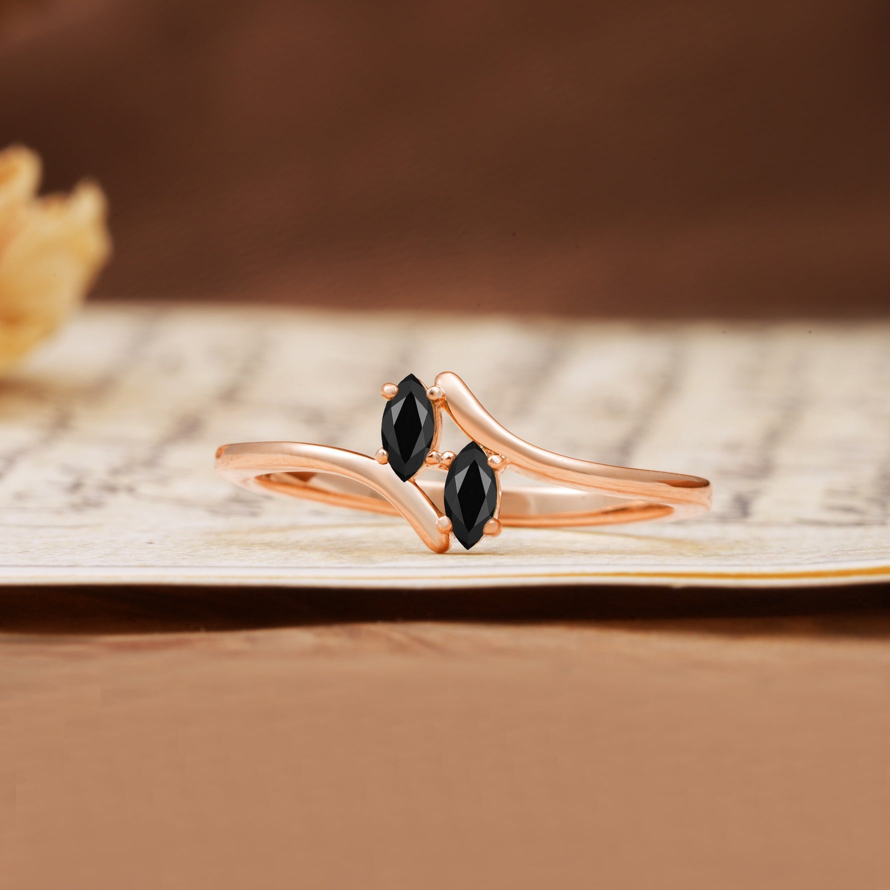 Classic Twisted 4-Prong Double Marquise Cut Black Onyx Two Stones Wedding Ring - Additional view