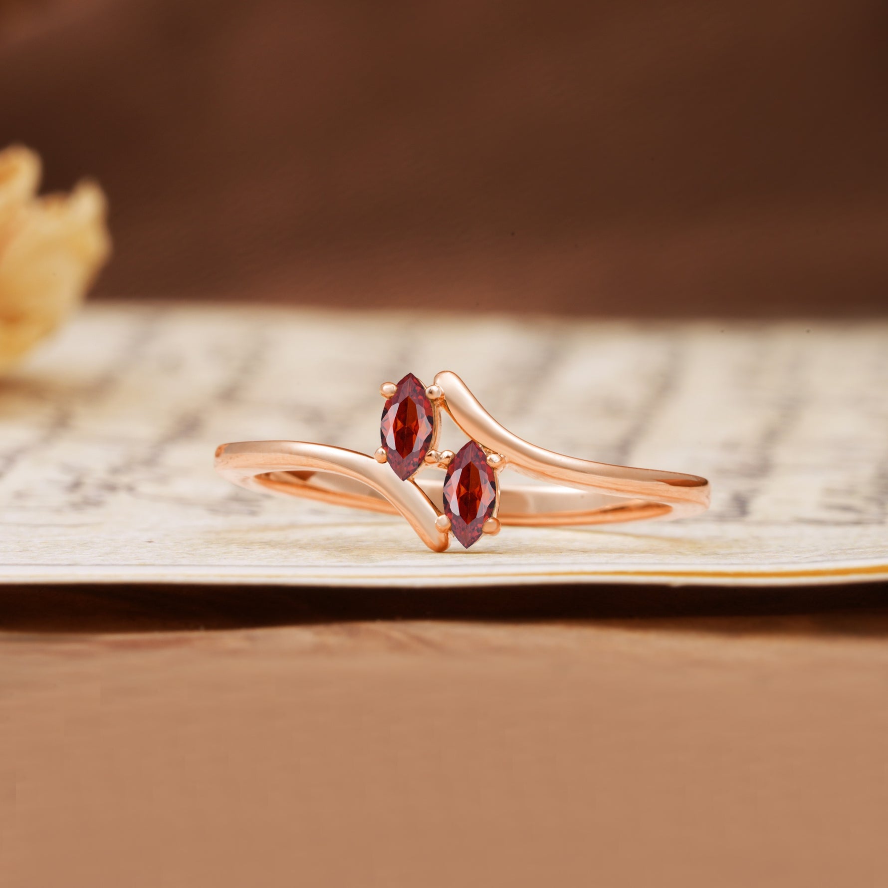 Classic Twisted 4-Prong Double Marquise Cut Garnet Two Stones Wedding Ring - Additional view