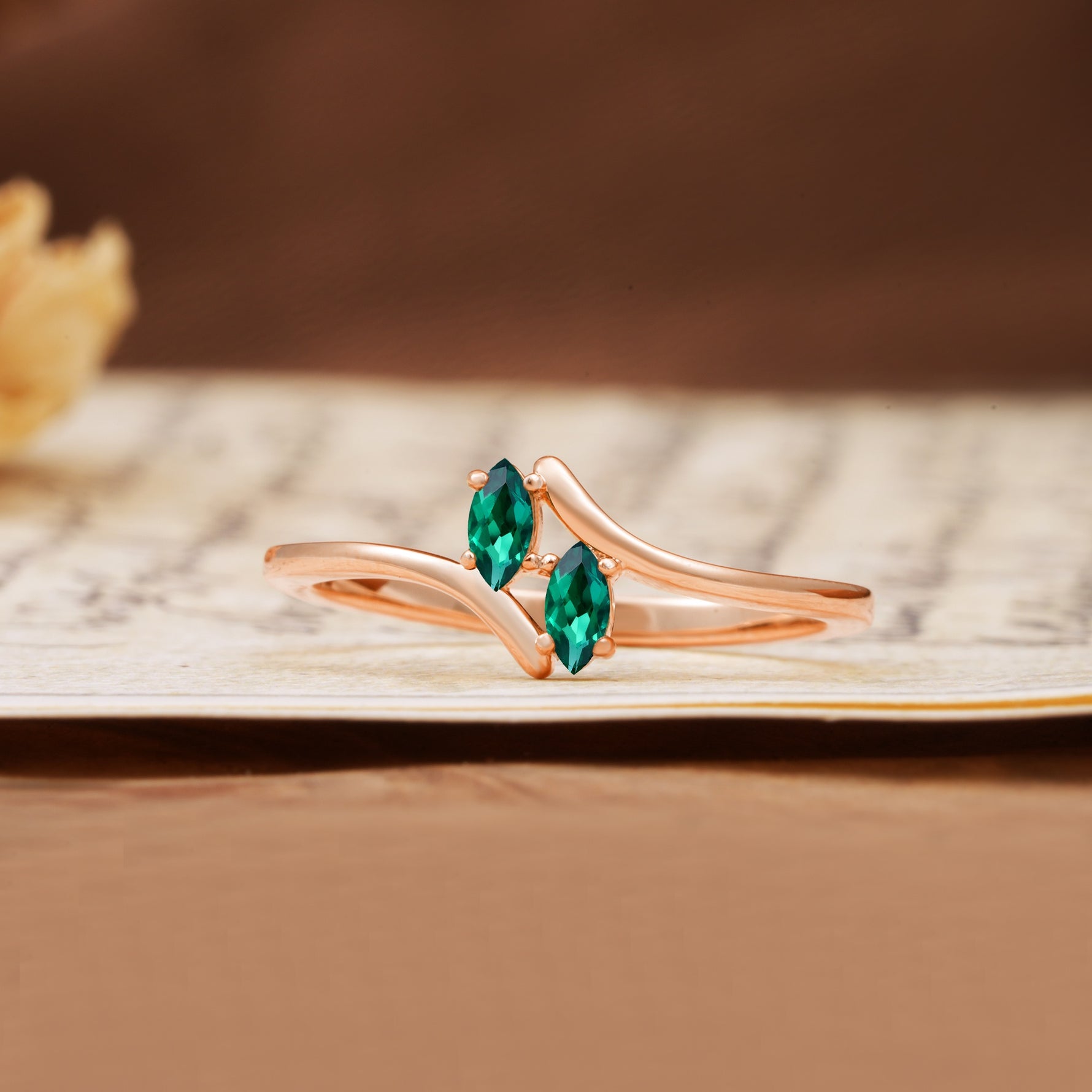 Classic Twisted 4-Prong Double Marquise Cut Emerald Two Stones Wedding Ring - Additional view