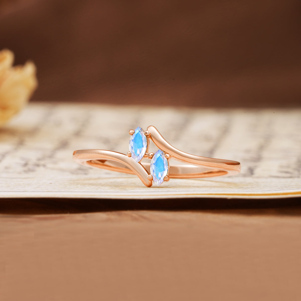Classic Twisted 4-Prong Double Marquise Cut Moonstone Two Stones Wedding Ring - Additional view