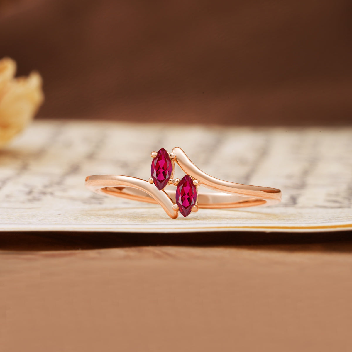 Classic Twisted 4-Prong Double Marquise Cut Ruby Two Stones Wedding Ring - Additional view
