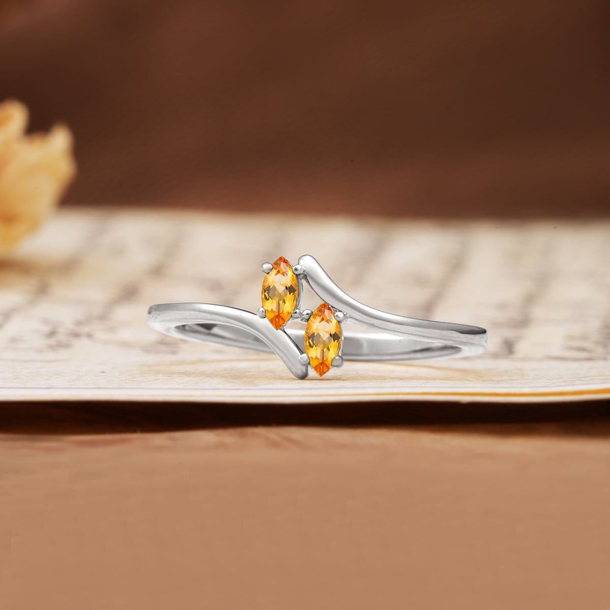 Classic Twisted 4-Prong Double Marquise Cut Citrine Two Stones Wedding Ring - Additional view