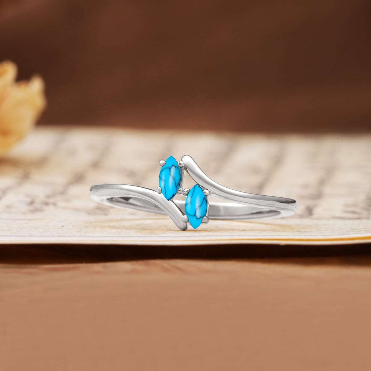 Classic Twisted 4-Prong Double Marquise Cut Turquoise Two Stones Wedding Ring - Additional view