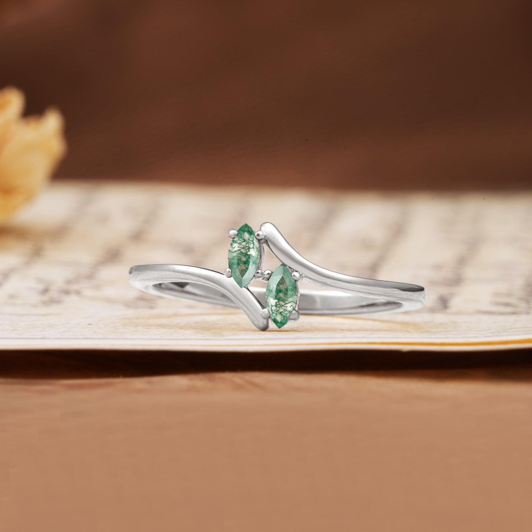 Classic Twisted 4-Prong Double Marquise Cut Moss Agate Two Stones Wedding Ring - Additional view