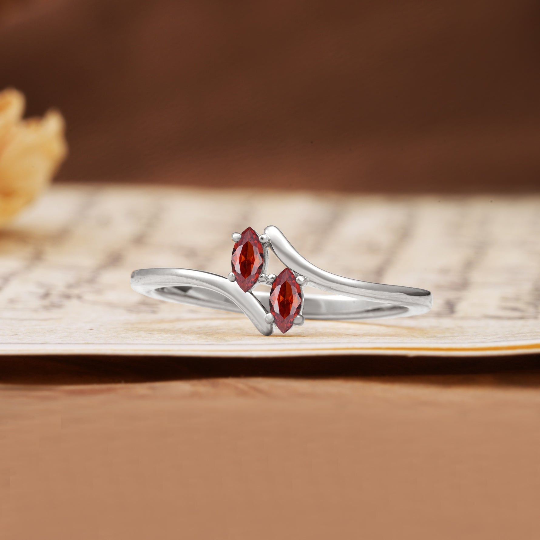 Classic Twisted 4-Prong Double Marquise Cut Garnet Two Stones Wedding Ring - Additional view