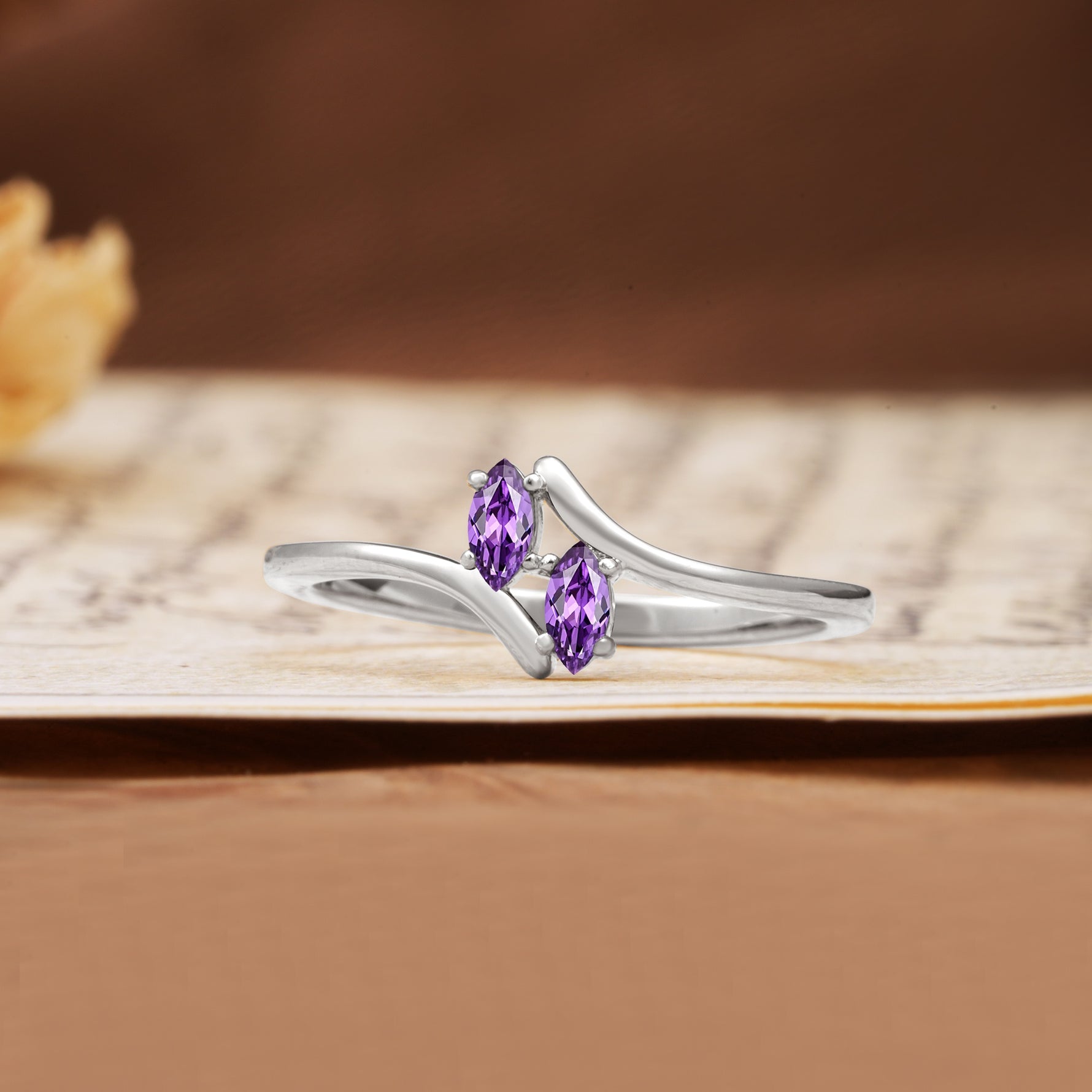 Classic Twisted 4-Prong Double Marquise Cut Amethyst Two Stones Wedding Ring - Additional view