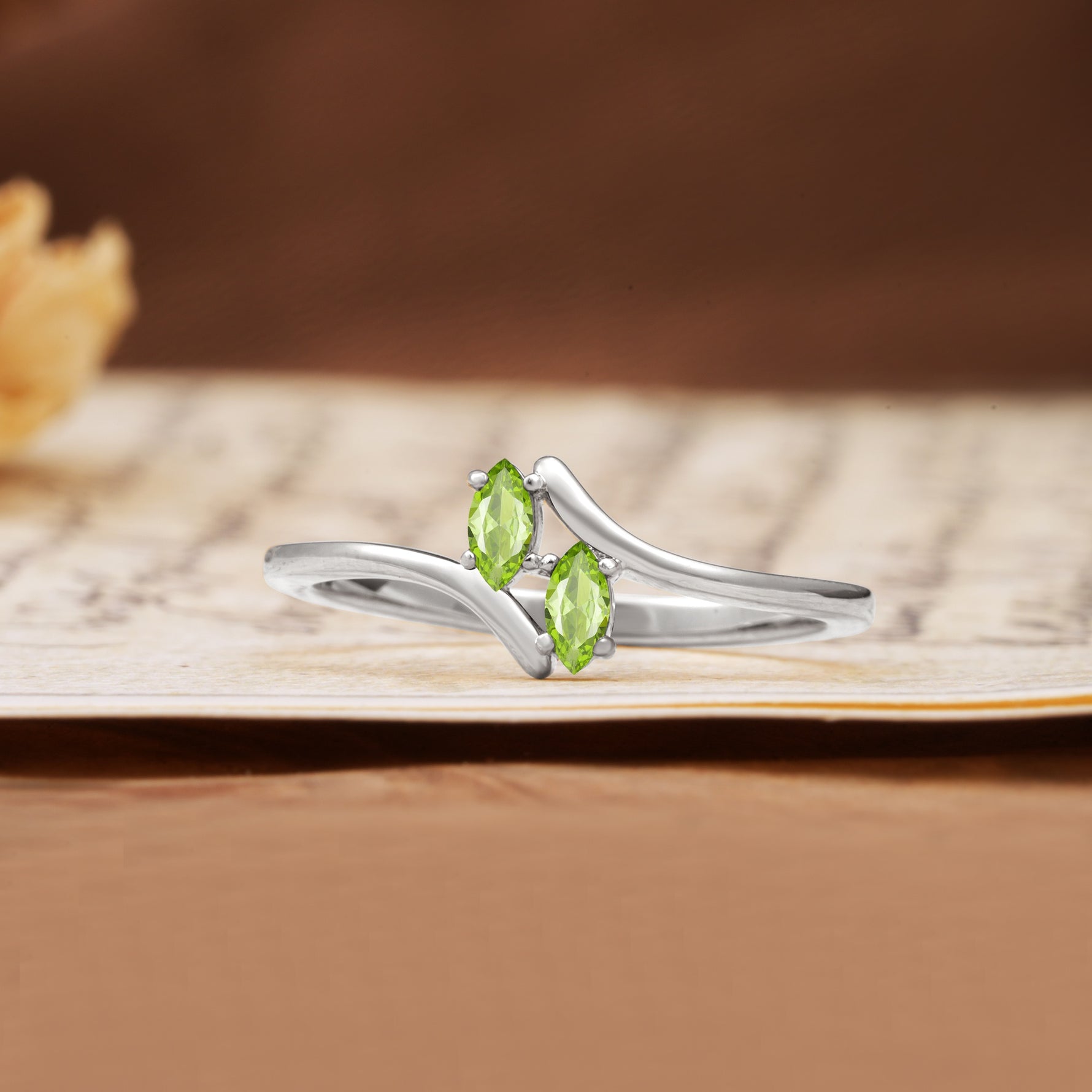 Classic Twisted 4-Prong Double Marquise Cut Peridot Two Stones Wedding Ring - Additional view