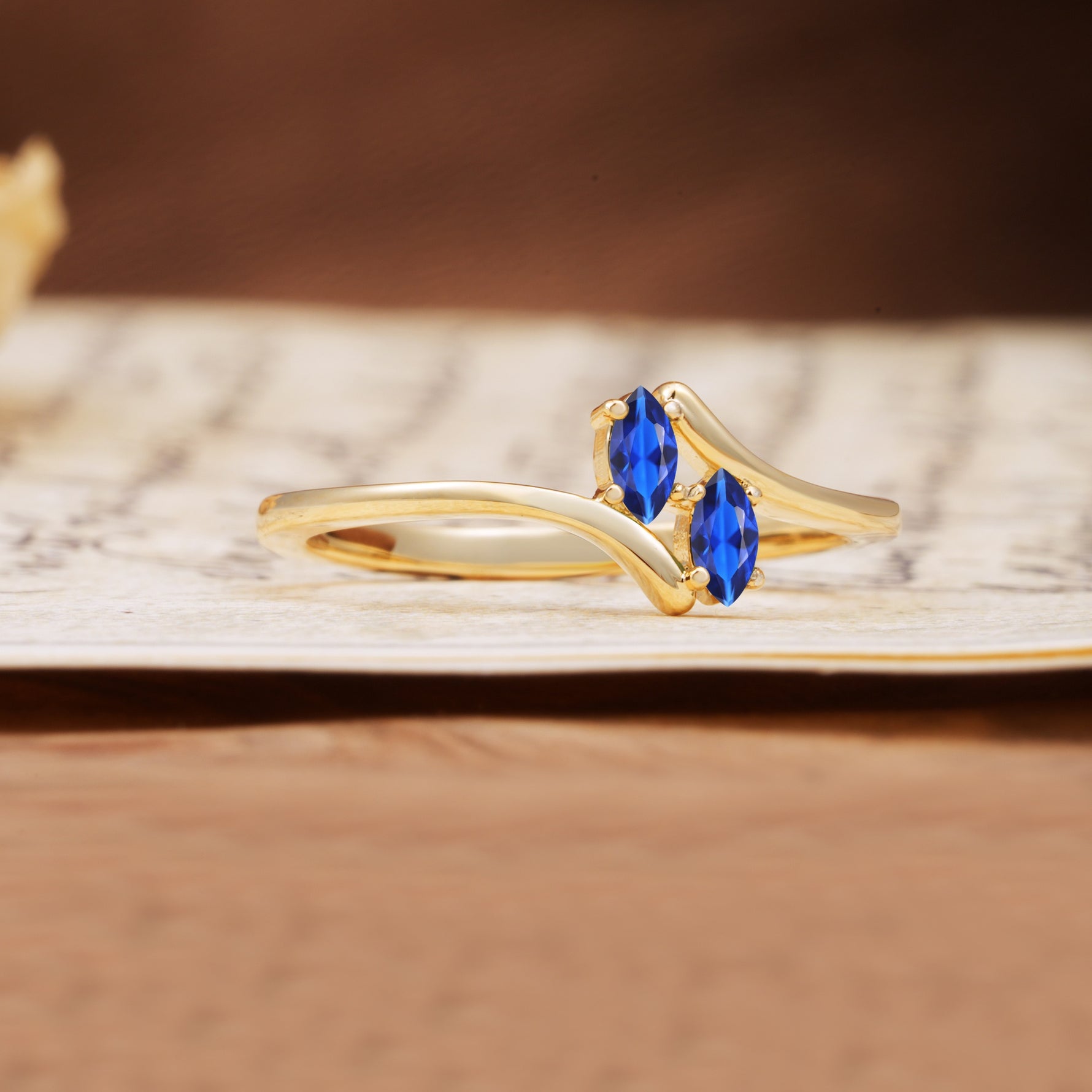 Classic Twisted 4-Prong Double Marquise Cut Sapphire Two Stones Wedding Ring - Additional view