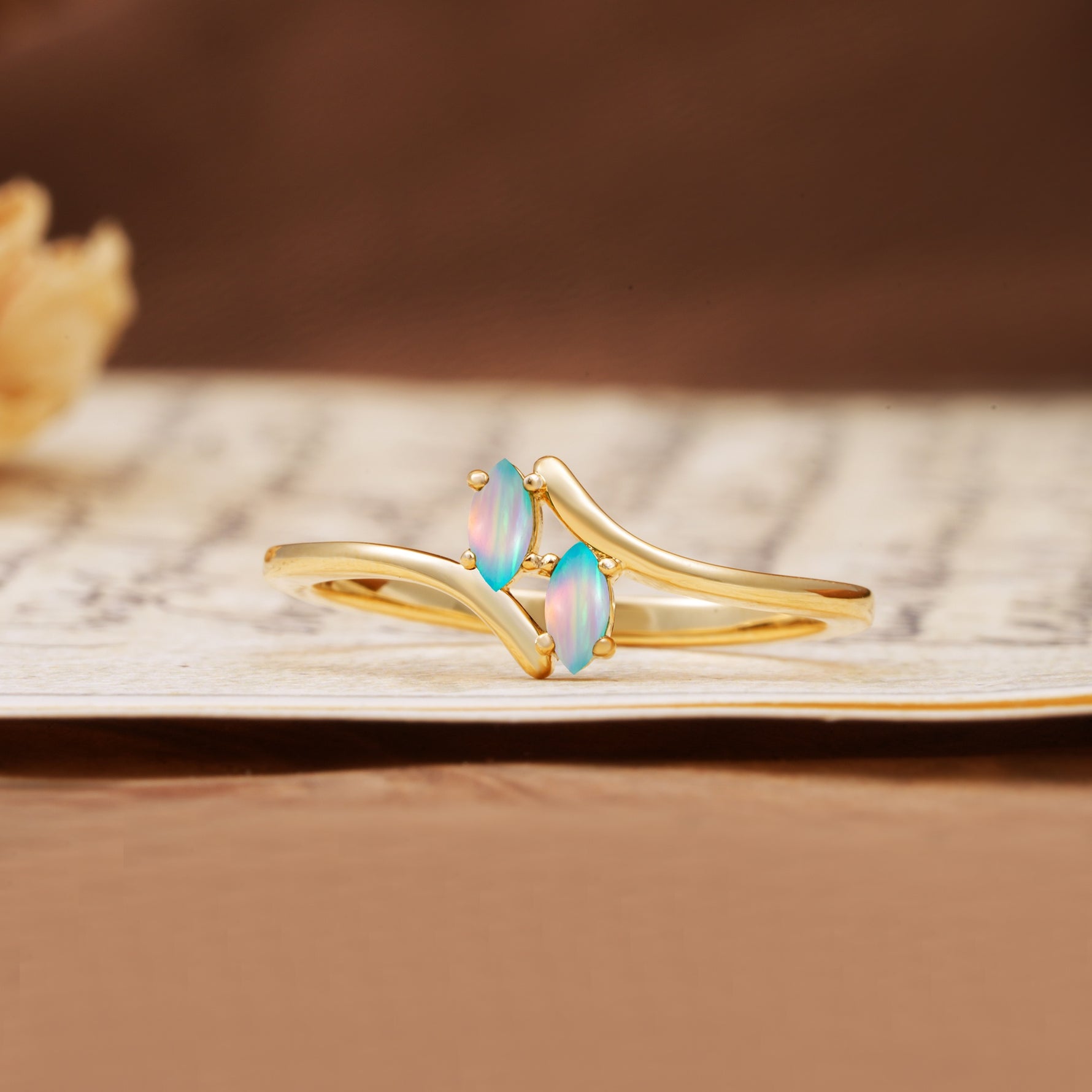 Classic Twisted 4-Prong Double Marquise Cut Fire Opal Two Stones Wedding Ring - Additional view