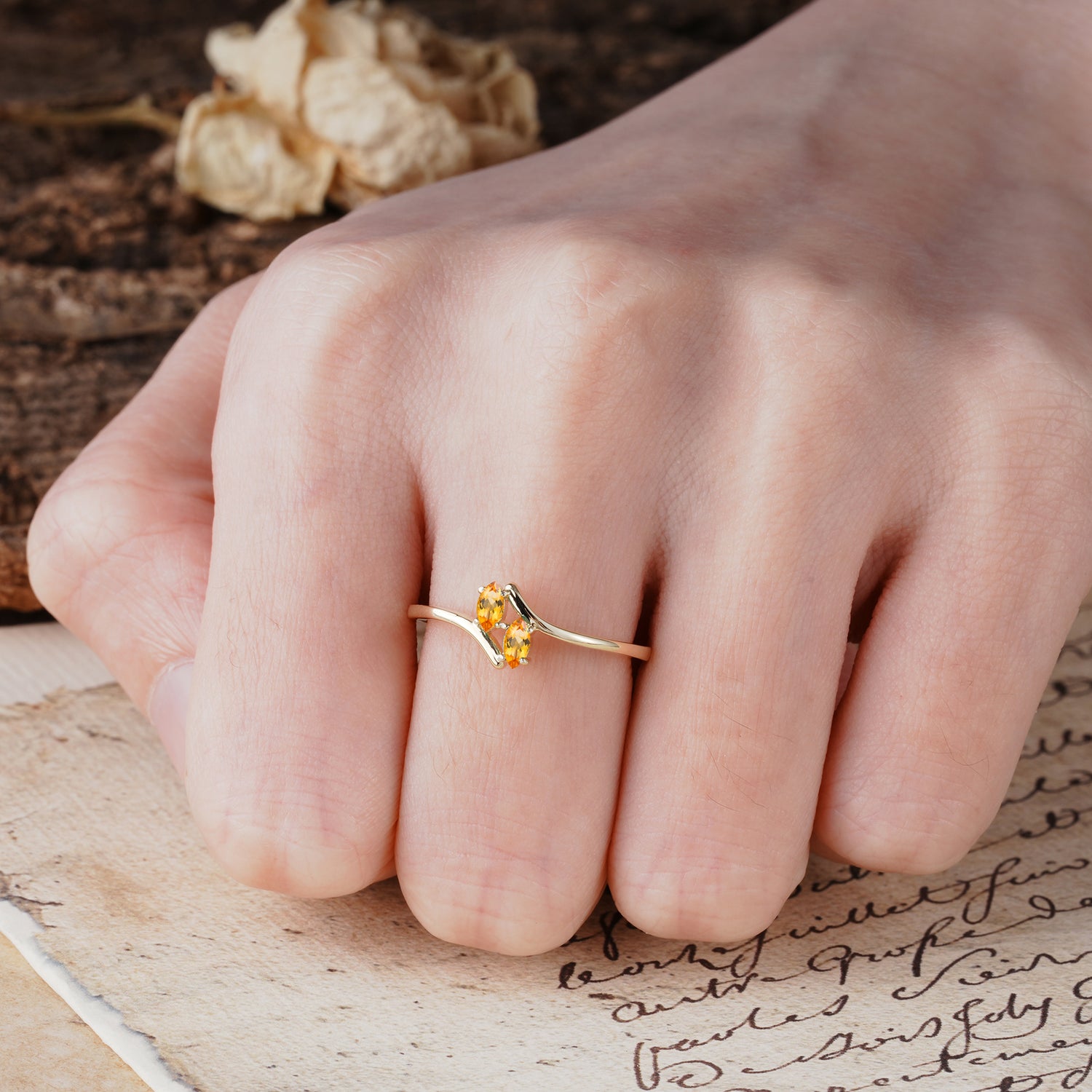 Classic Twisted 4-Prong Double Marquise Cut Citrine Two Stones Wedding Ring