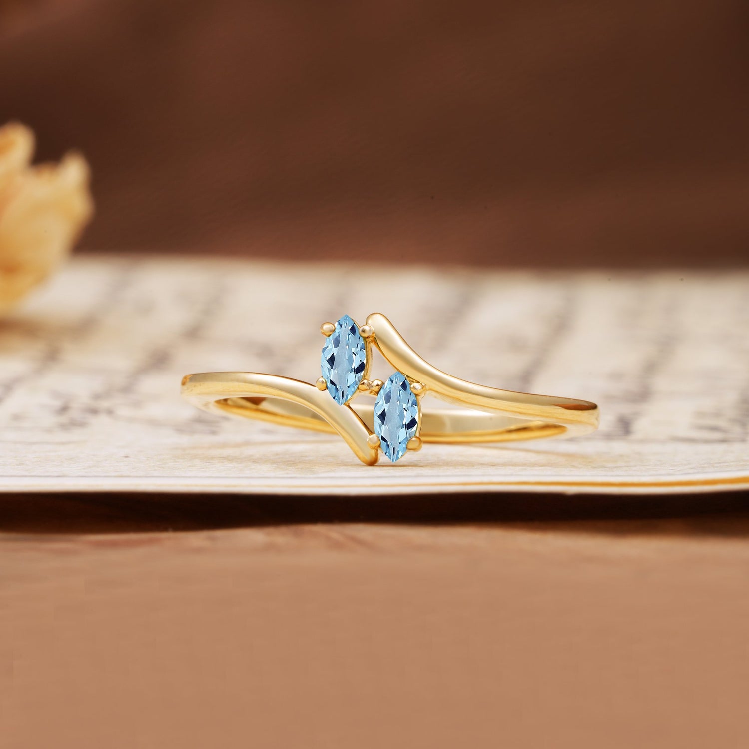 Classic Twisted 4-Prong Double Marquise Cut Aquamarine Two Stones Wedding Ring