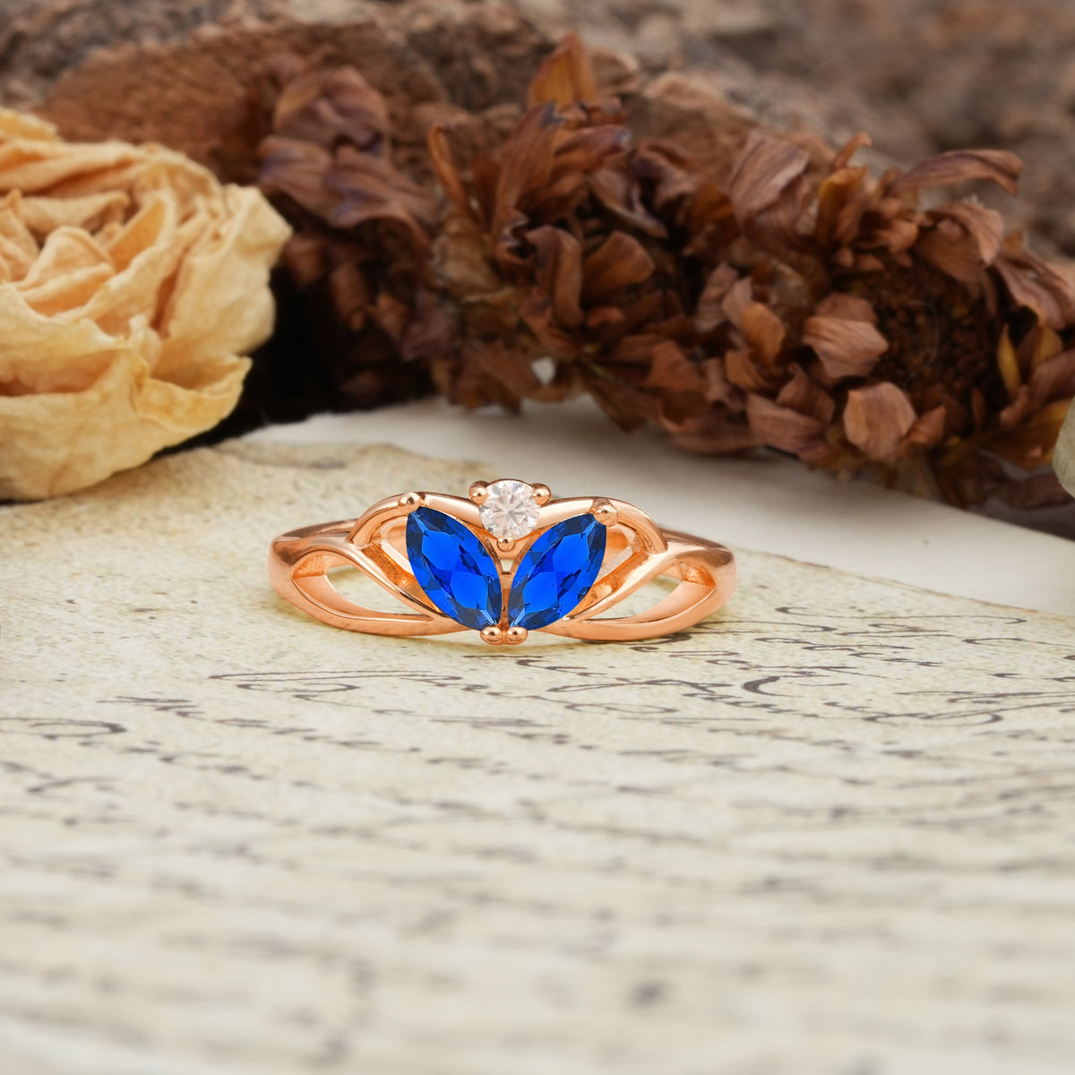 Unique, Luxurious Crown-Style 2-Prong Marquise Cut Sapphire Three Stones Wedding Ring - Additional view