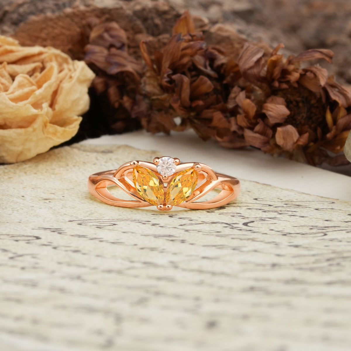 Unique, Luxurious Crown-Style 2-Prong Marquise Cut Citrine Three Stones Wedding Ring - Additional view